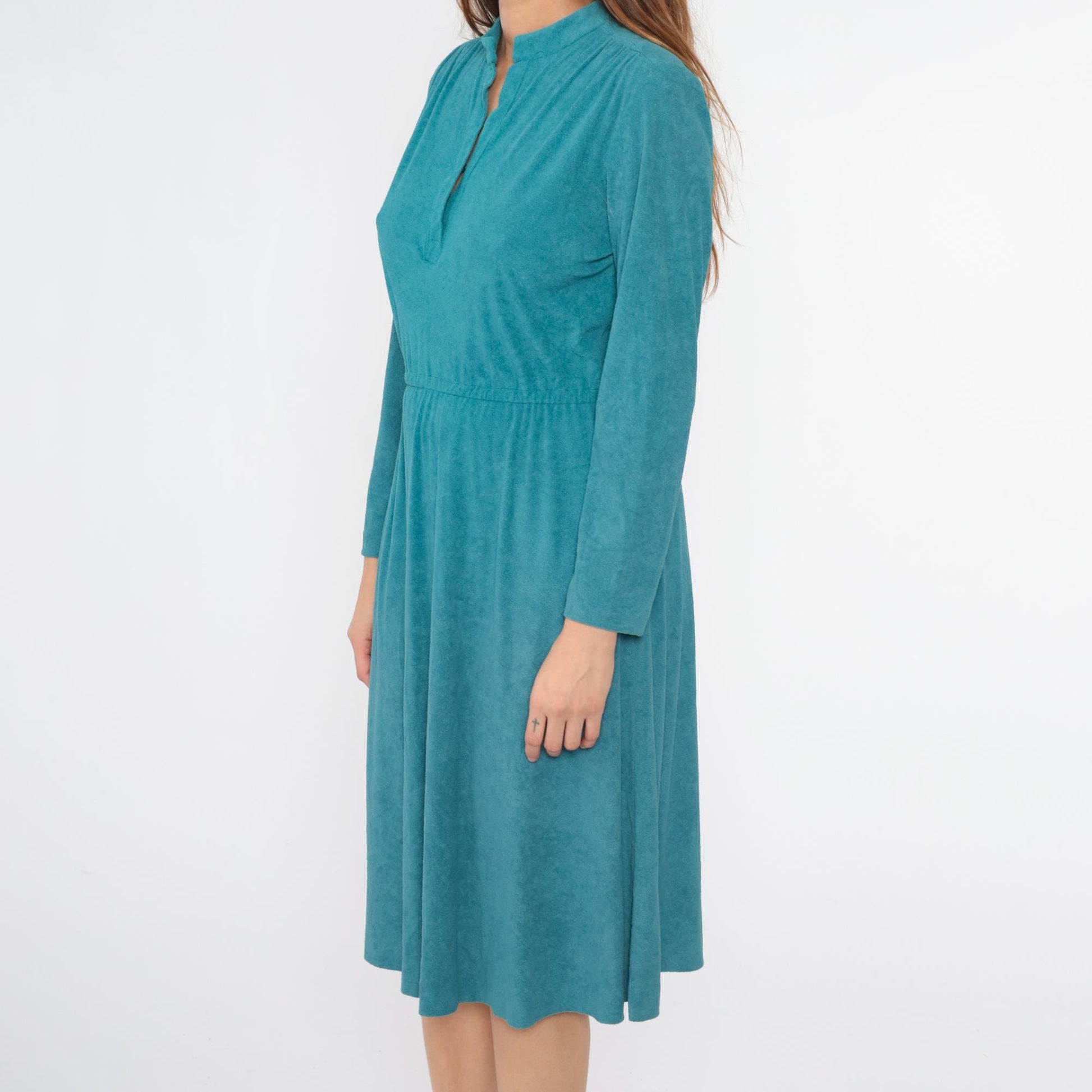 80s Teal Terry Cloth Midi Dress Mandarin Collar High Waist Long Sleeve Small