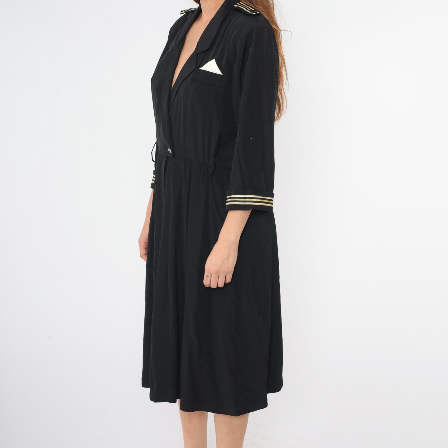 90s Black Midi Wrap Dress Gold Striped Epaulette High Waist Large