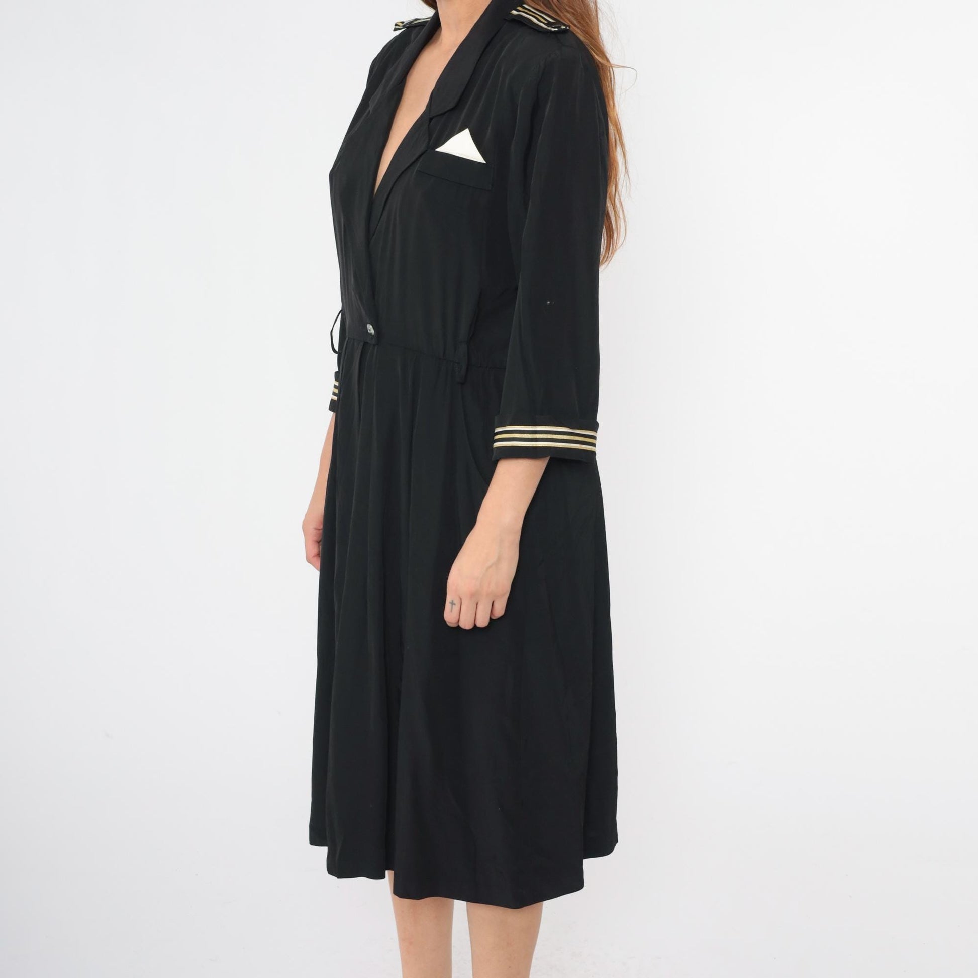 90s Black Midi Wrap Dress Gold Striped Epaulette High Waist Large