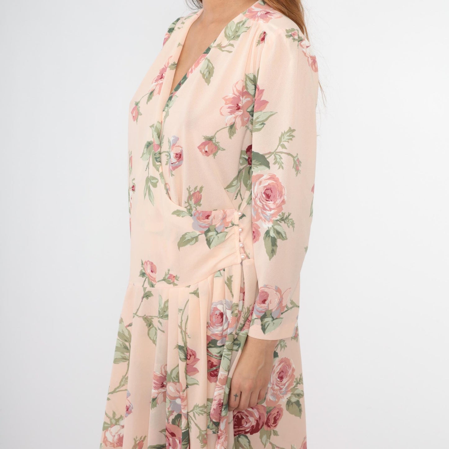 80s Pastel Pink Floral Wrap Midi Dress Drop Waist Puff Sleeve Large