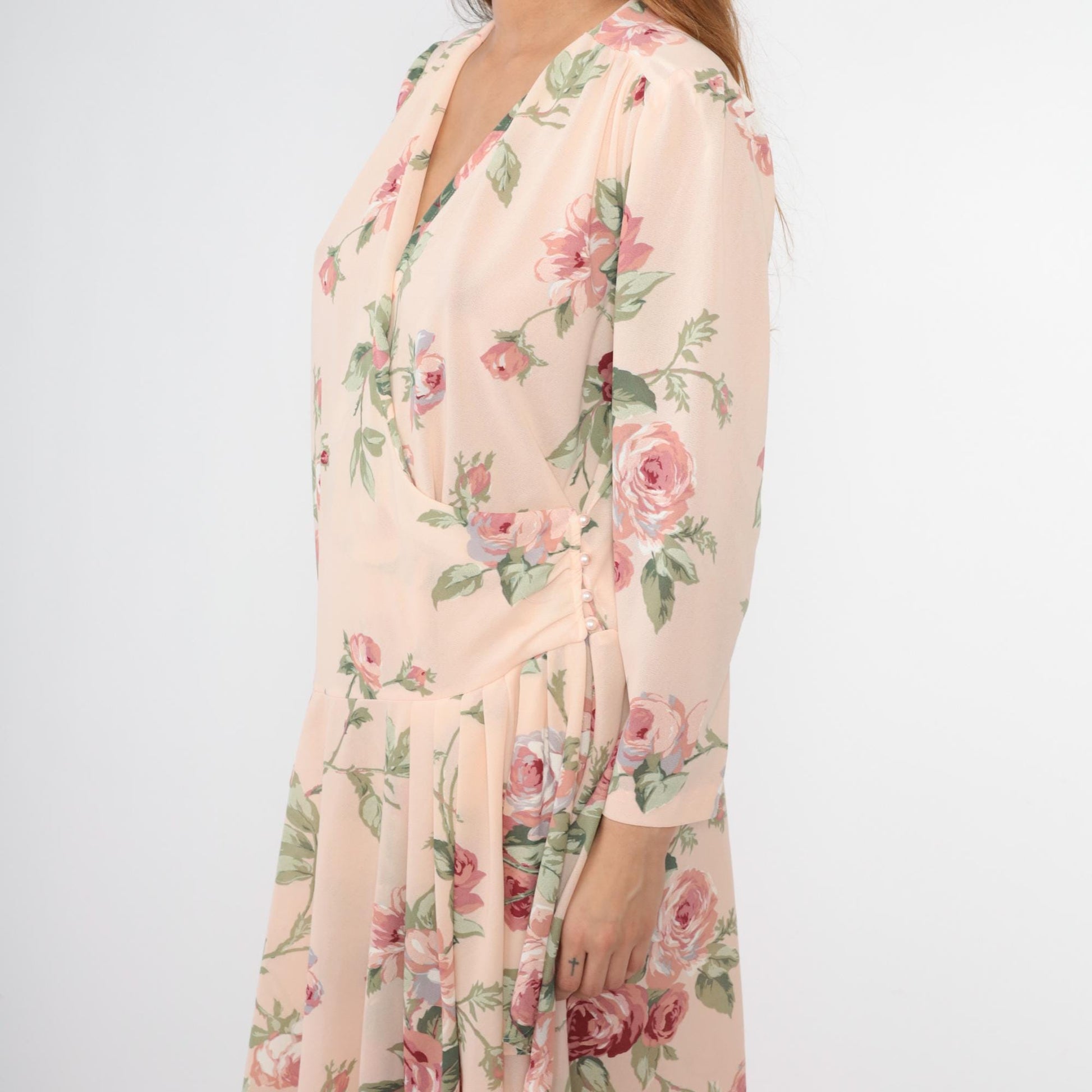 80s Pastel Pink Floral Wrap Midi Dress Drop Waist Puff Sleeve Large