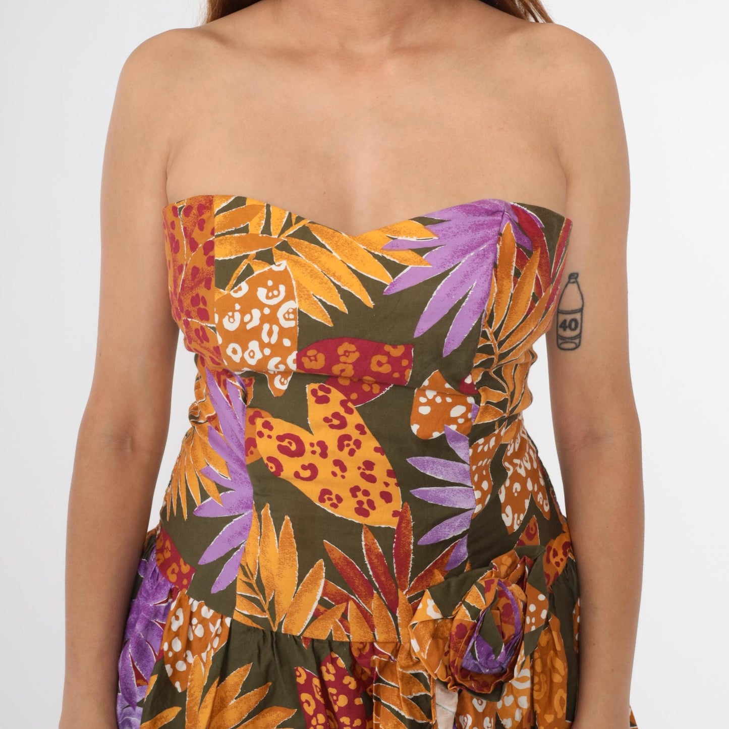 80s Tropical Leaf Print Strapless Midi Dress Sweetheart Neckline Peplum Olive Green Small