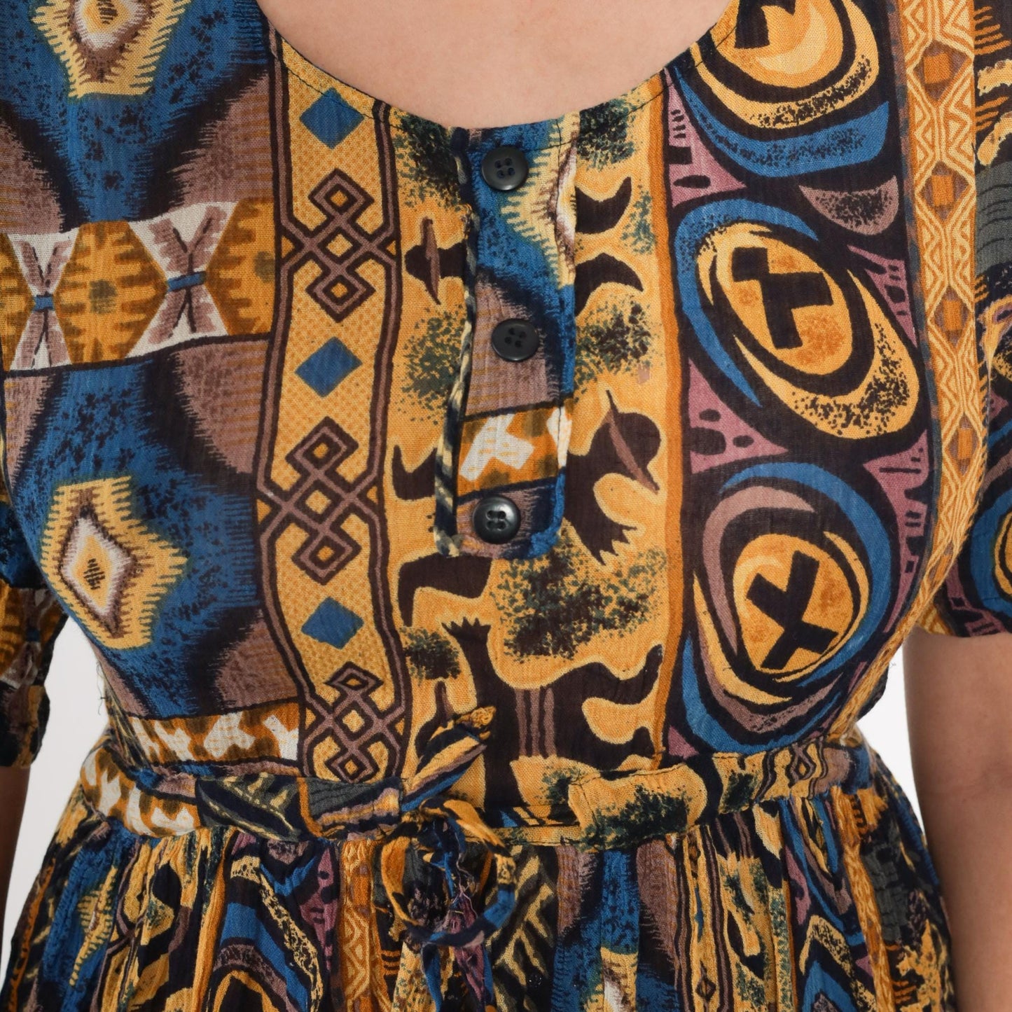 90s MintMode Geometric Horse Print Midi Dress Button Front Yellow Blue Small S