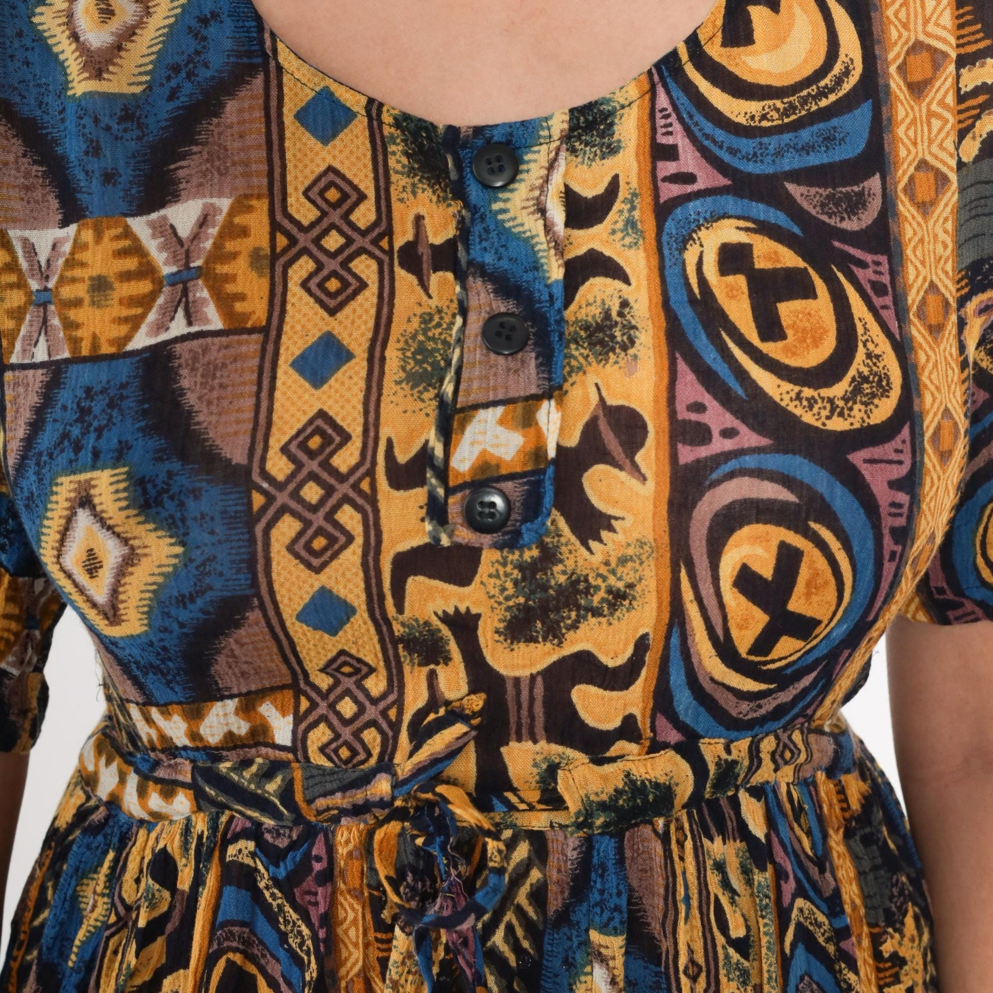 90s MintMode Geometric Horse Print Midi Dress Button Front Yellow Blue Small S