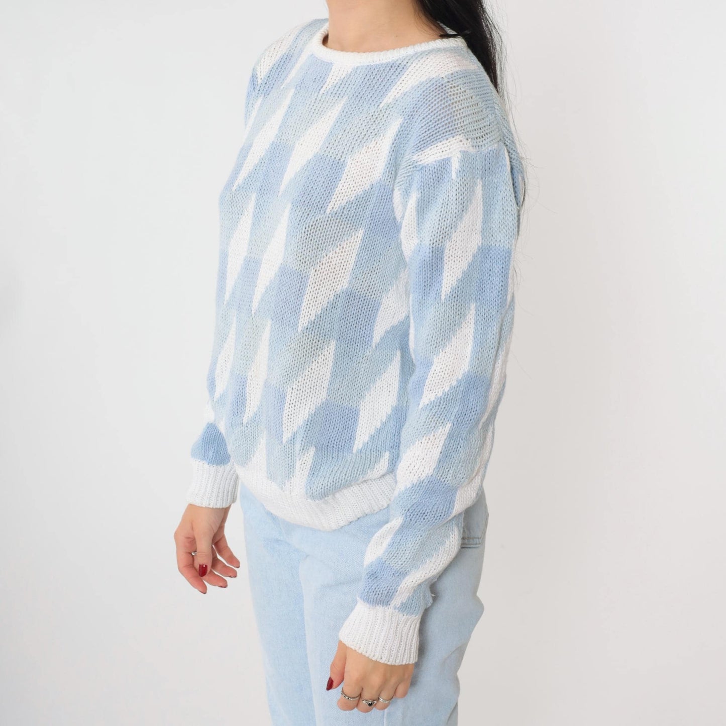 80s JH Collectibles Geometric Knit Sweater Light Blue White Crew Neck Small