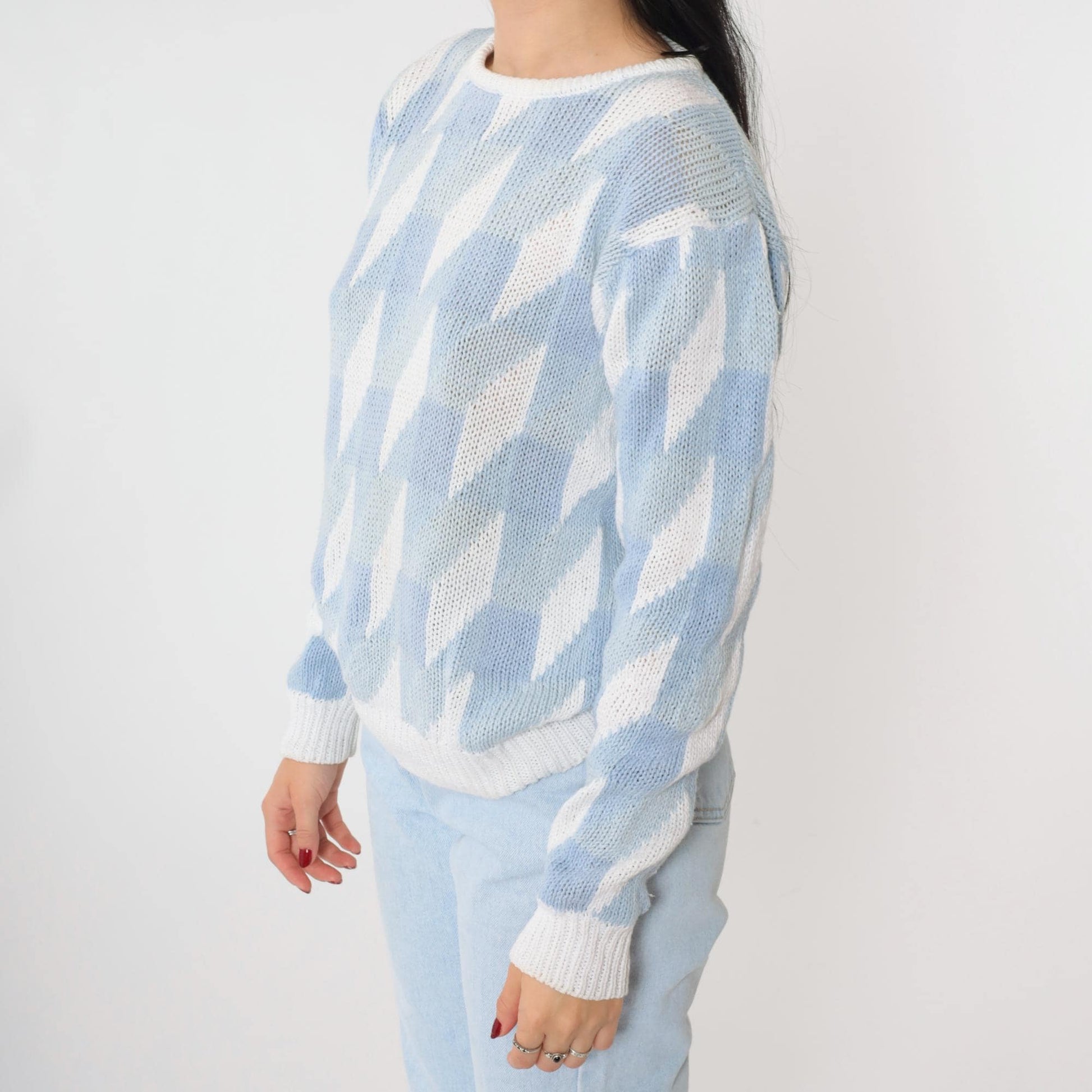 80s JH Collectibles Geometric Knit Sweater Light Blue White Crew Neck Small