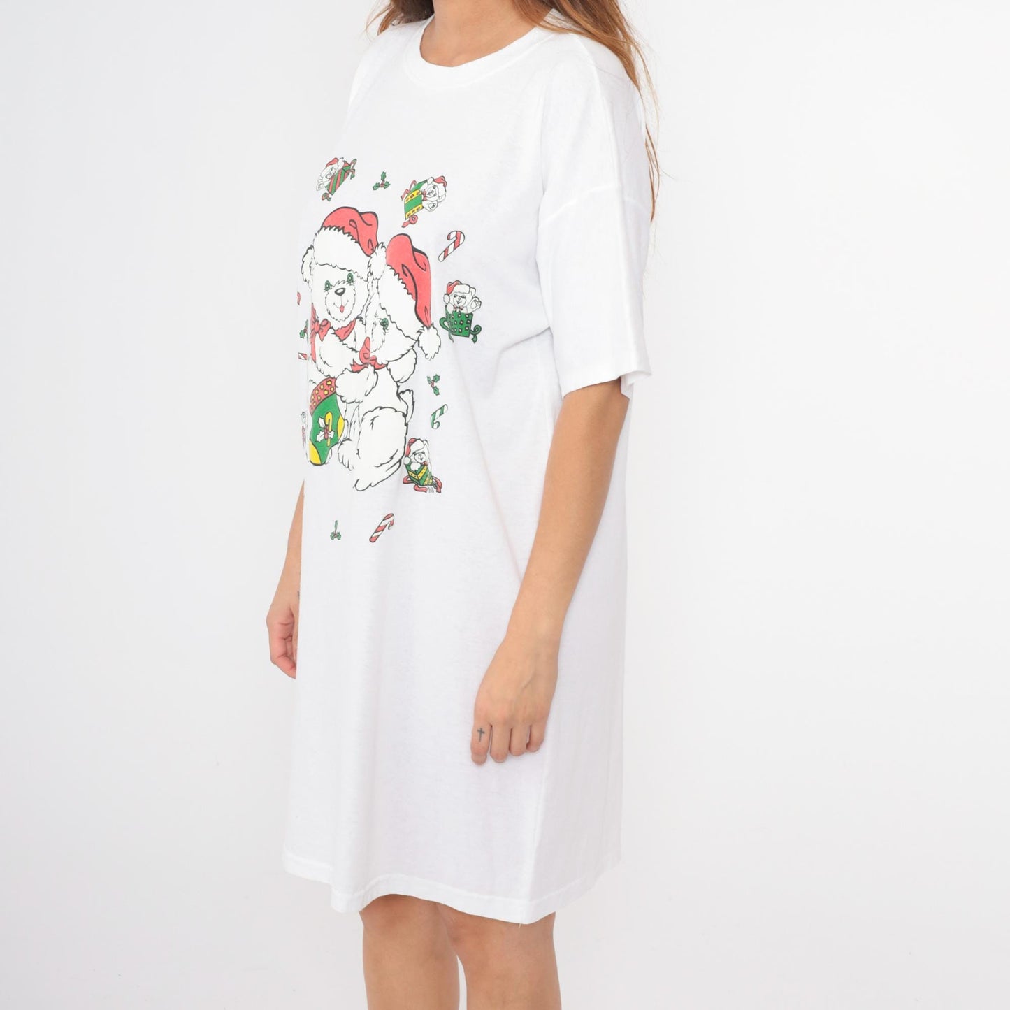 90s Christmas Teddy Bear Graphic T-Shirt Dress White Mini One Size