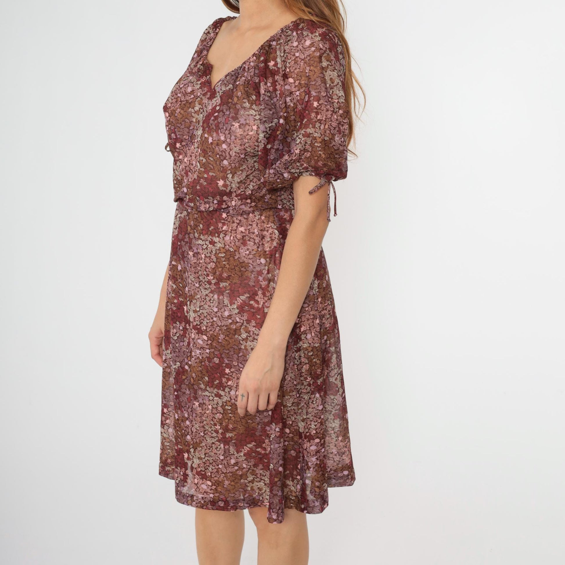 70s Floral Peasant Midi Dress High Waist Puff Sleeve Burgundy Pink Small