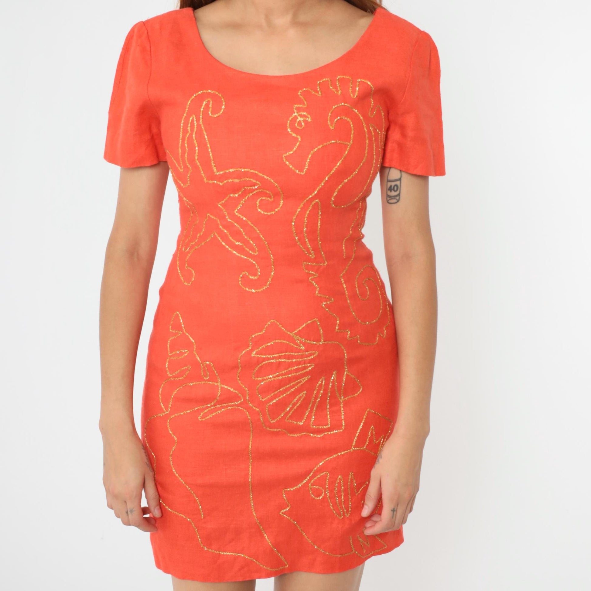 90s SantaFe by Jim Tremblay Linen Mini Dress Orange Sea Life Embroidery Small