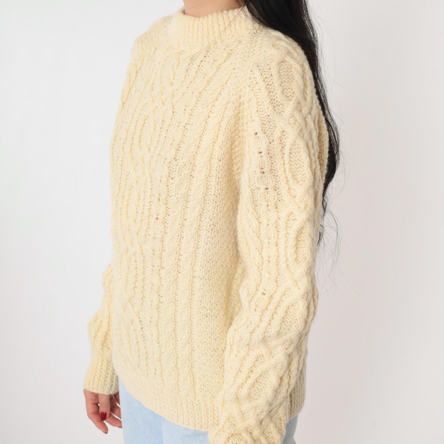 80s Cream Cable Knit Raglan Sweater Mock Neck Pullover Medium