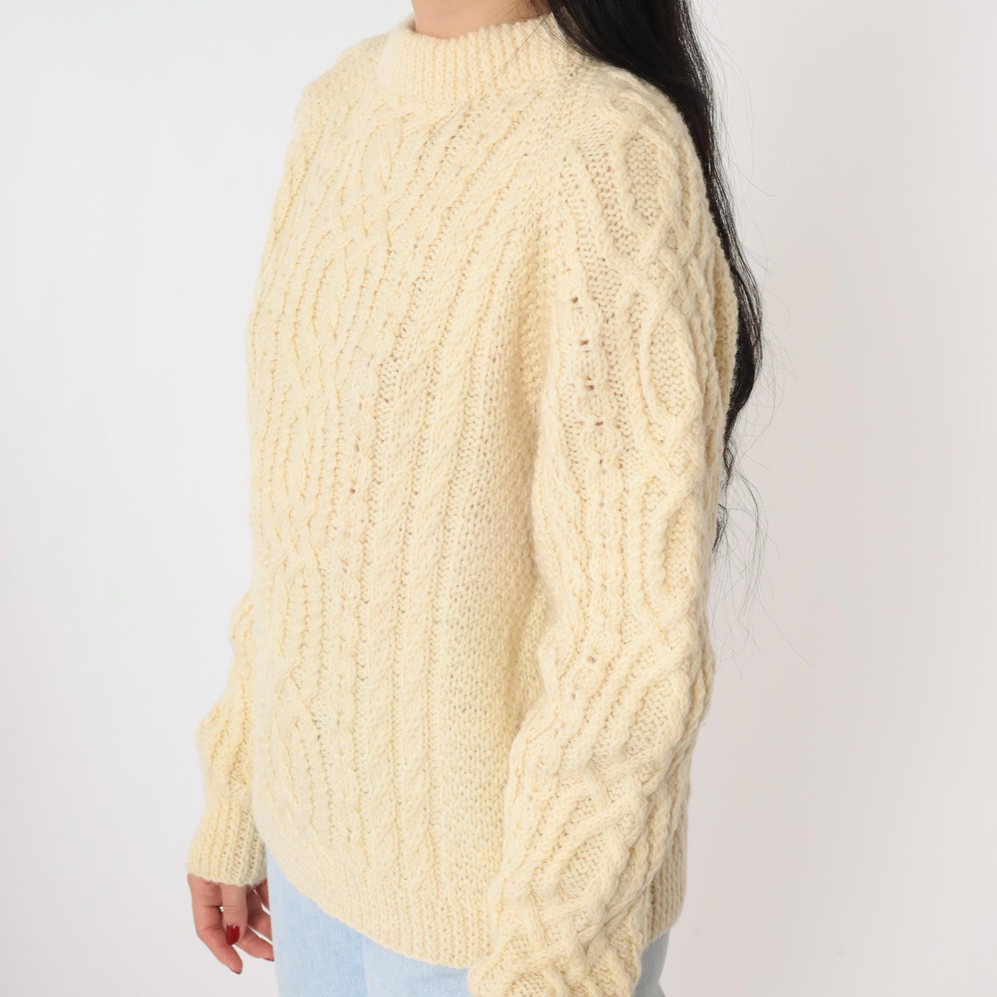 80s Cream Cable Knit Raglan Sweater Mock Neck Pullover Medium