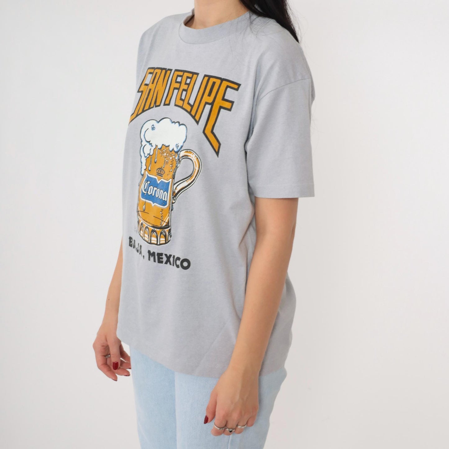 90s San Felipe Mexico Beer Graphic T-Shirt Grey Single Stitch Medium