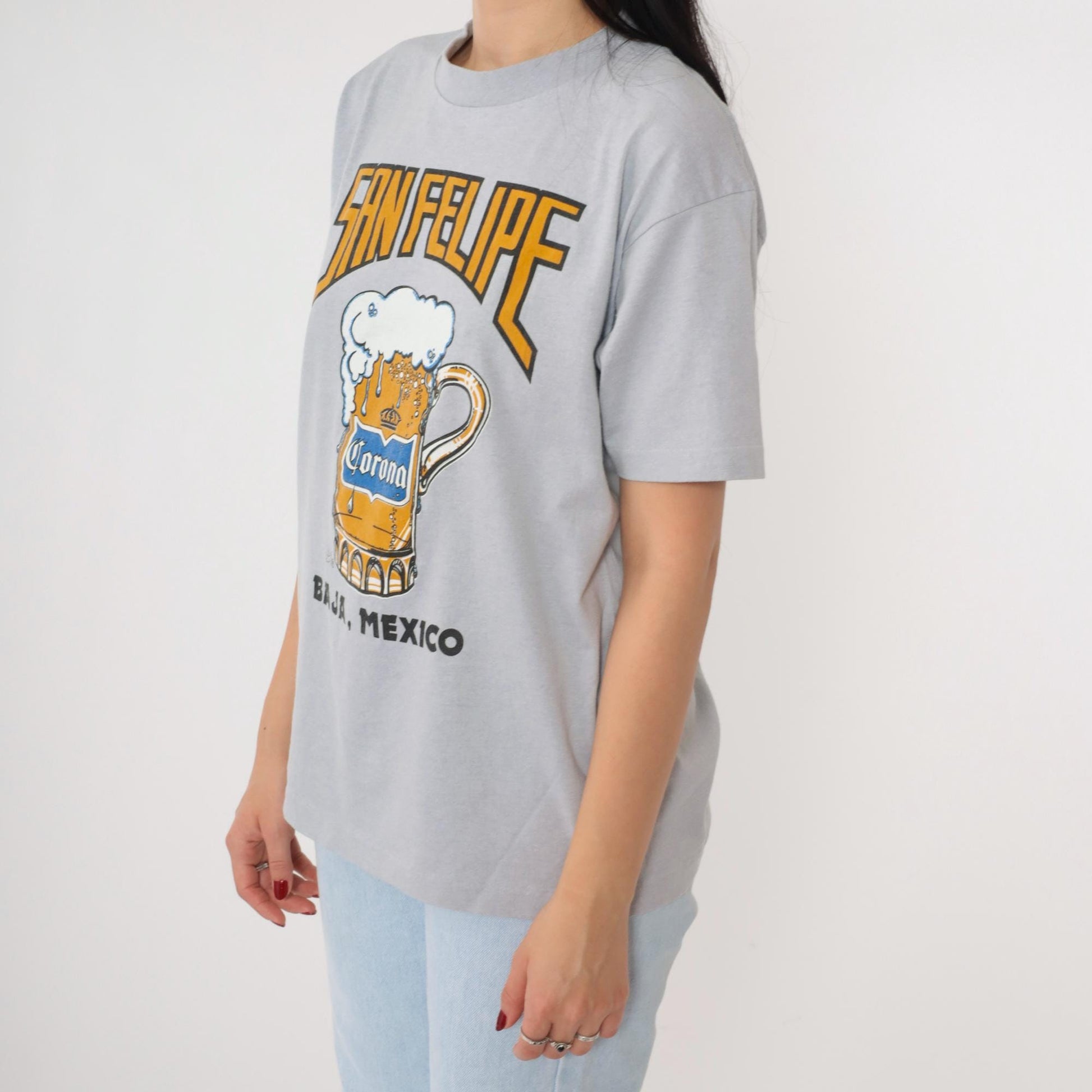 90s San Felipe Mexico Beer Graphic T-Shirt Grey Single Stitch Medium