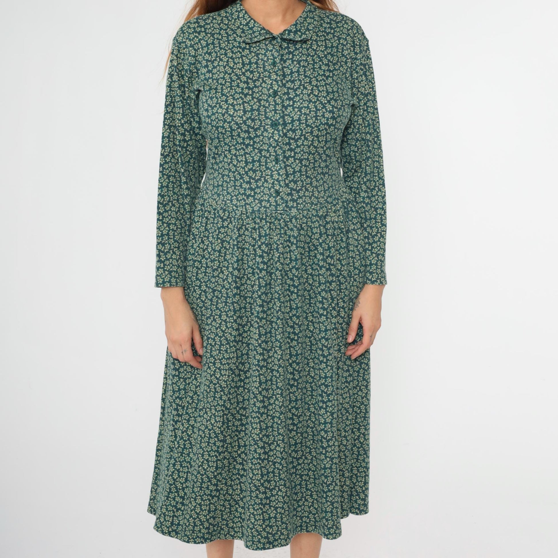 90s L.L. Bean Floral Midi Shirt Dress Green Button-Up Long Sleeve Medium