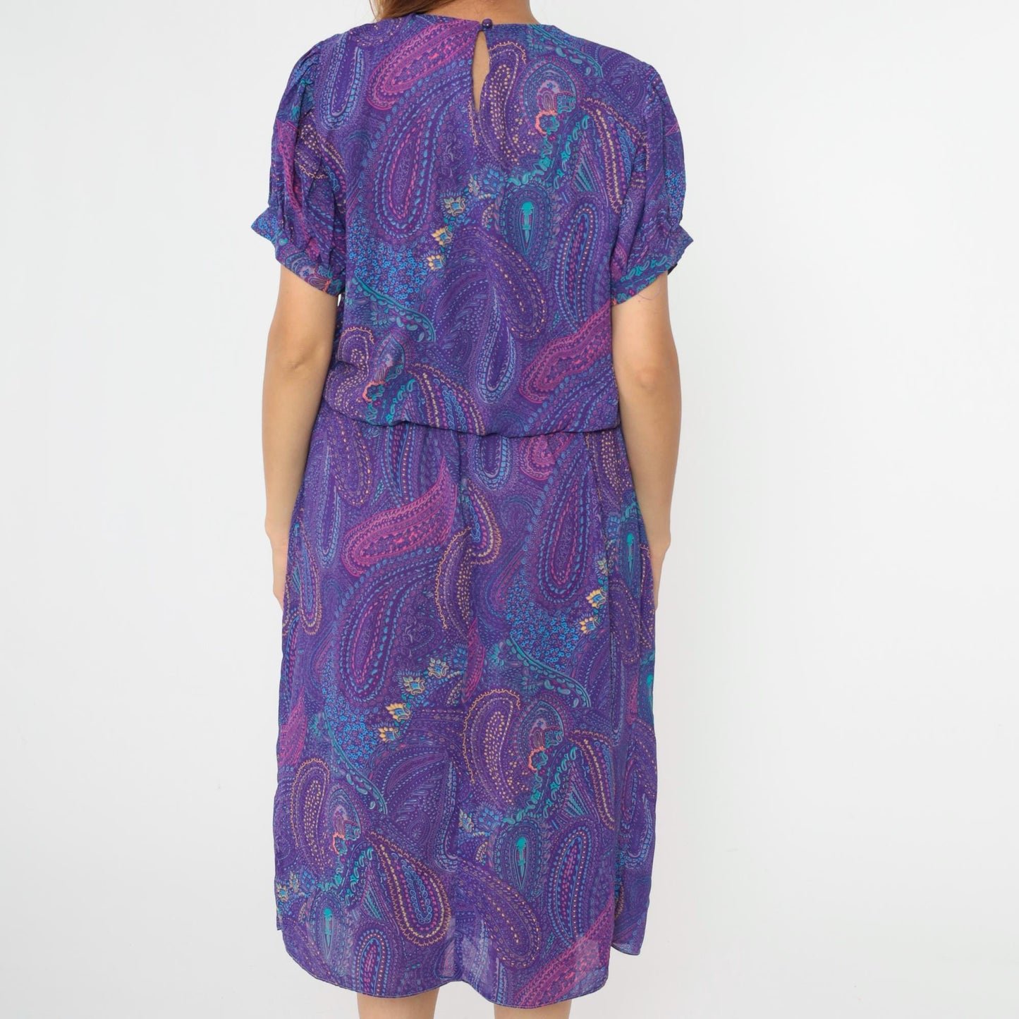 80s Purple Paisley Midi Dress Puff Sleeve High Waist Blouson Medium Large