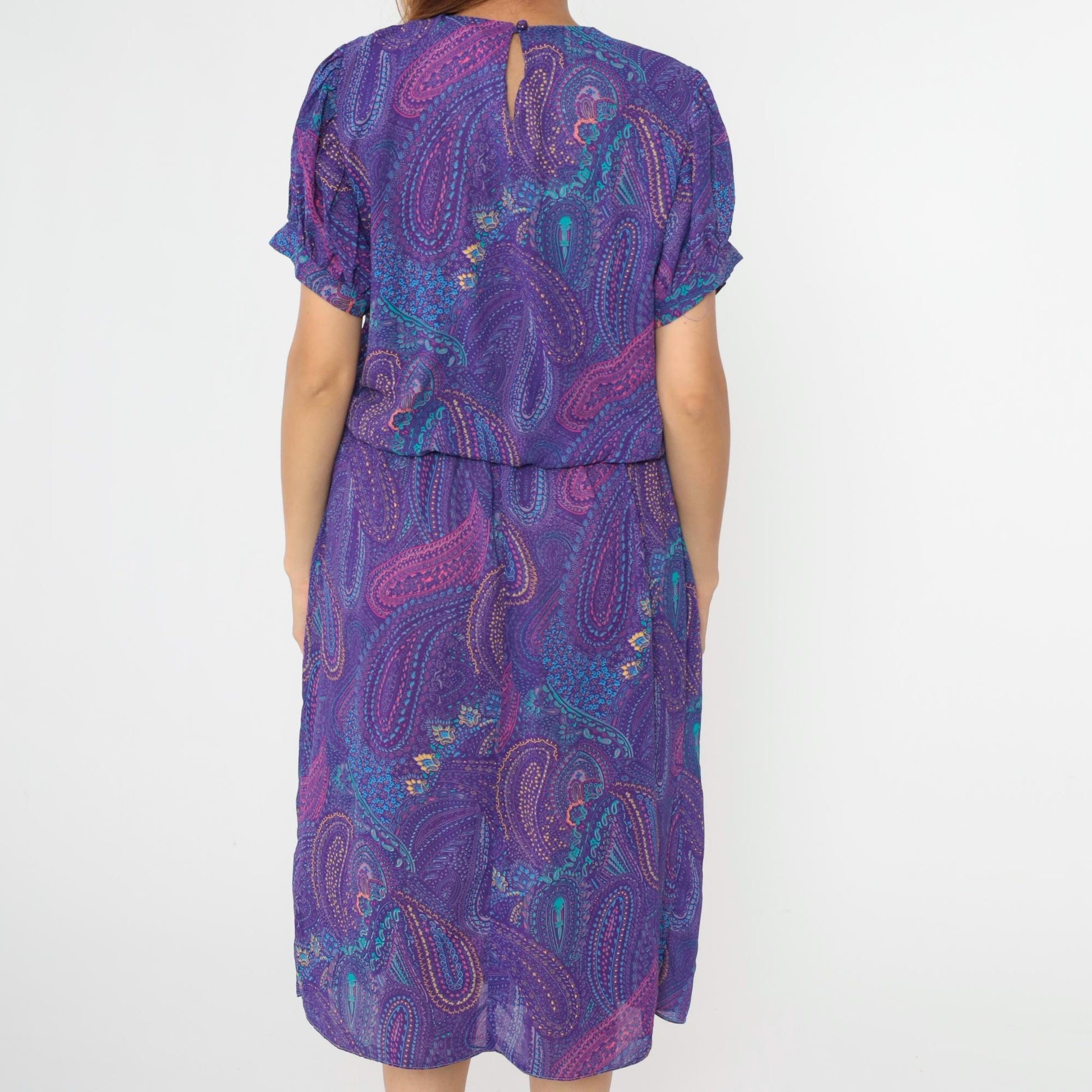 80s Purple Paisley Midi Dress Puff Sleeve High Waist Blouson Medium Large