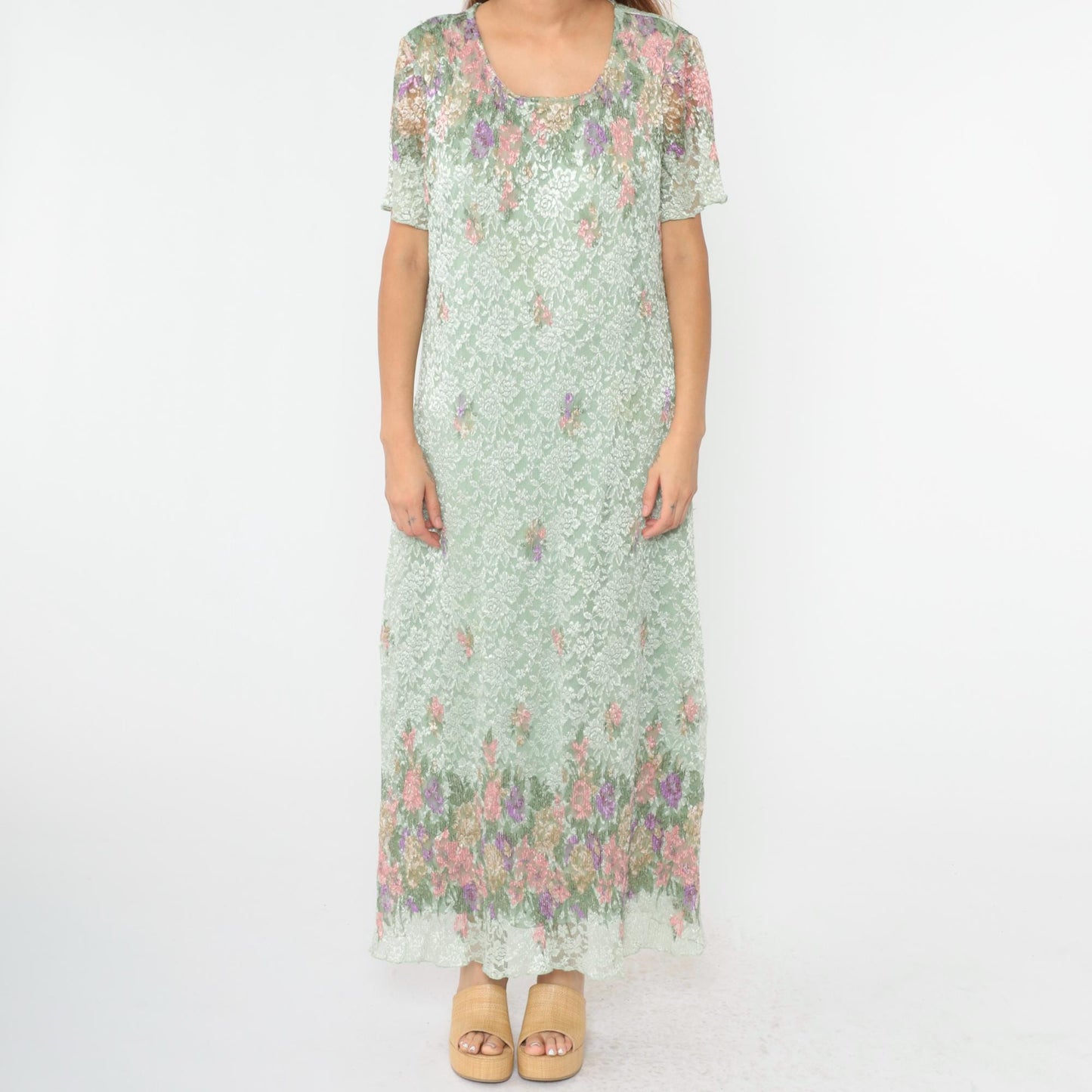 90s Shar Ade of California Pastel Green Floral Lace Maxi Dress Plus Size XXL