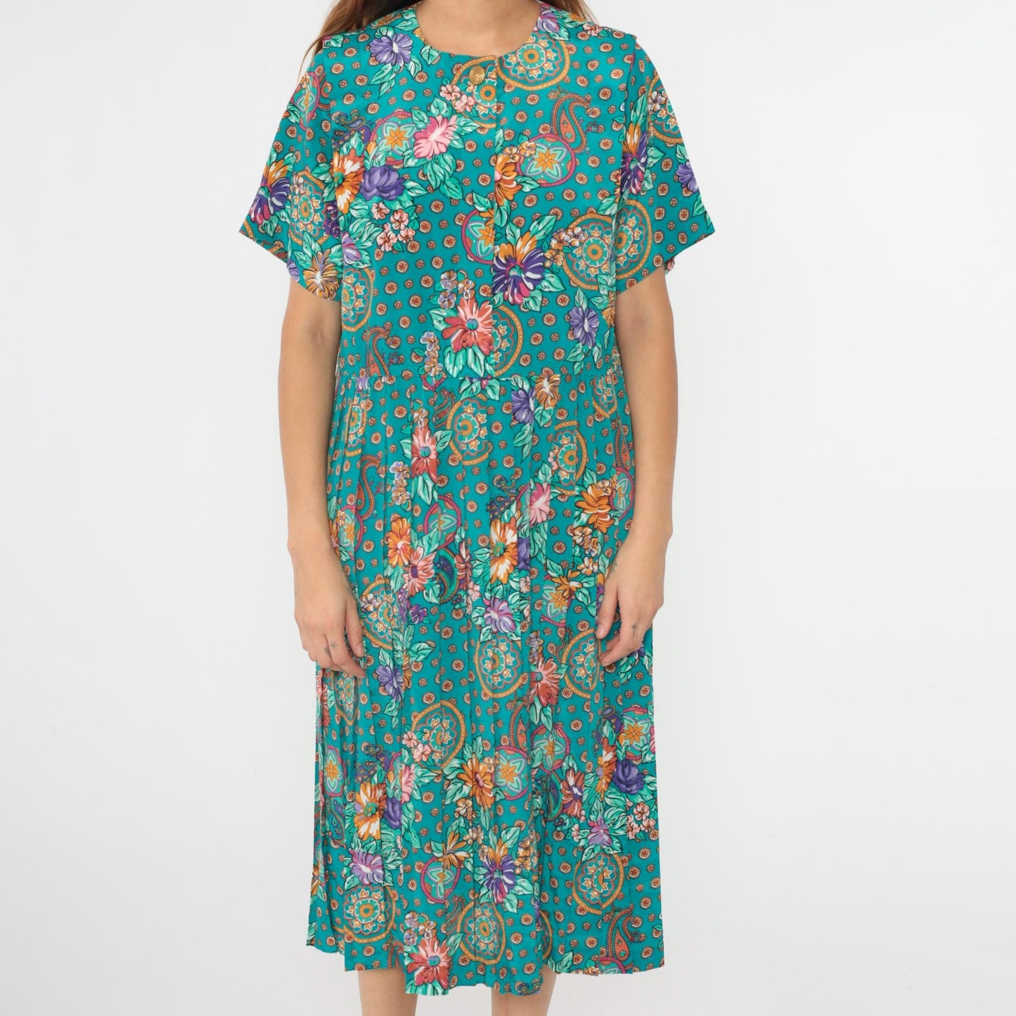 80s Turquoise Paisley Floral Midi Shirtdress Leslie Fay Button Front Pleated Medium Petite