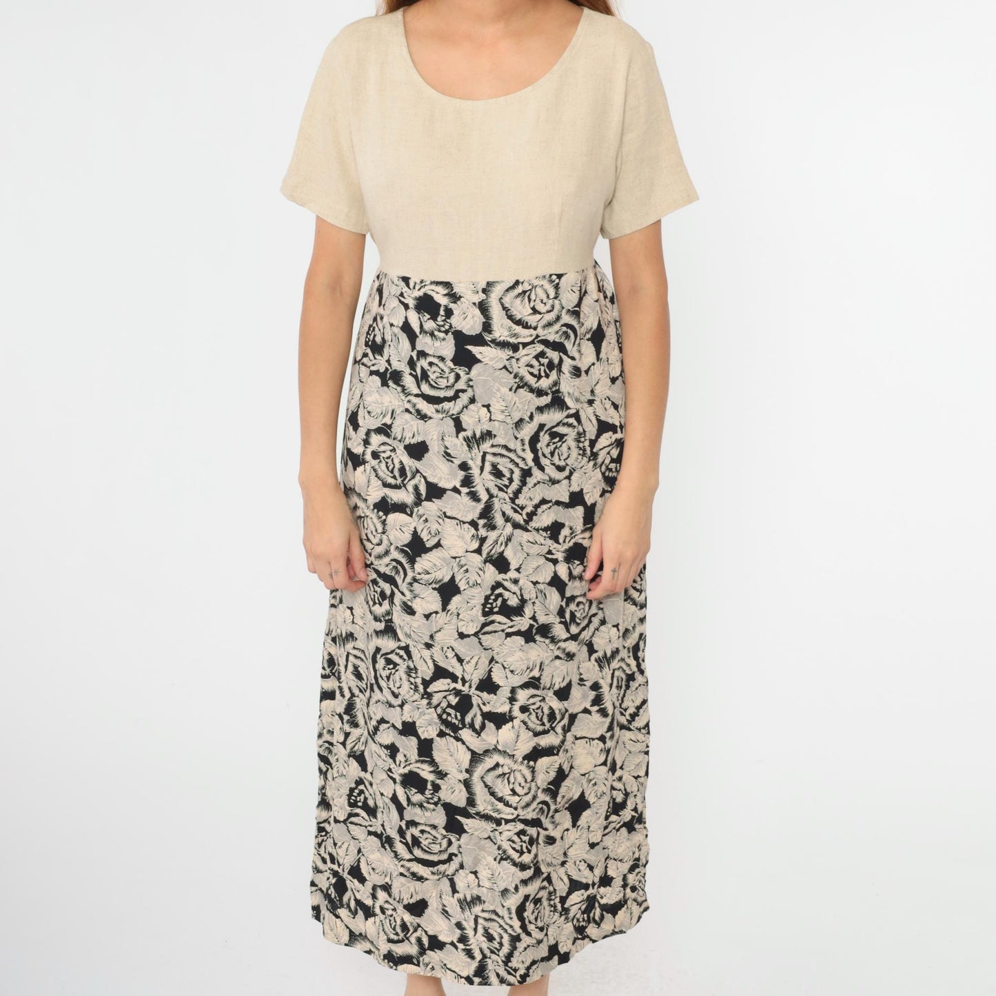 90s Floral Maxi Dress Beige Bodice High Waist Linen Rayon Large L