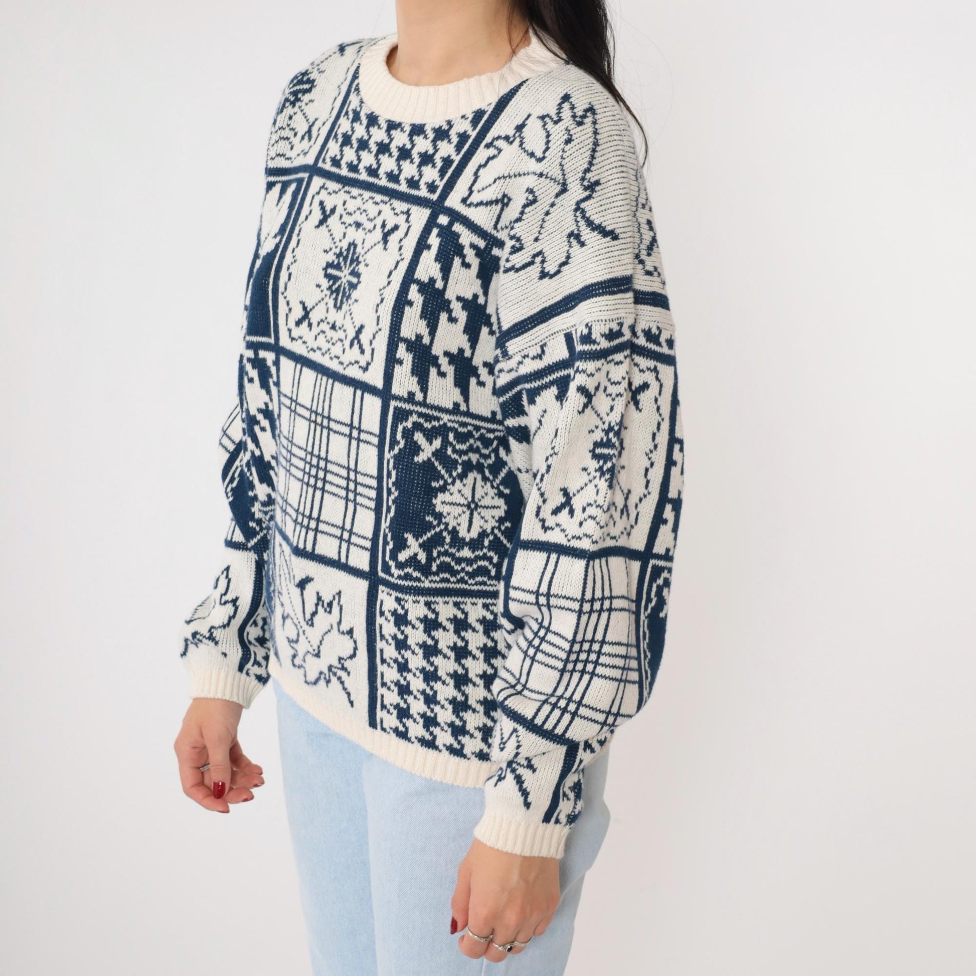 90s Cabin Creek Patchwork Knit Sweater Houndstooth Checkered Crewneck Medium
