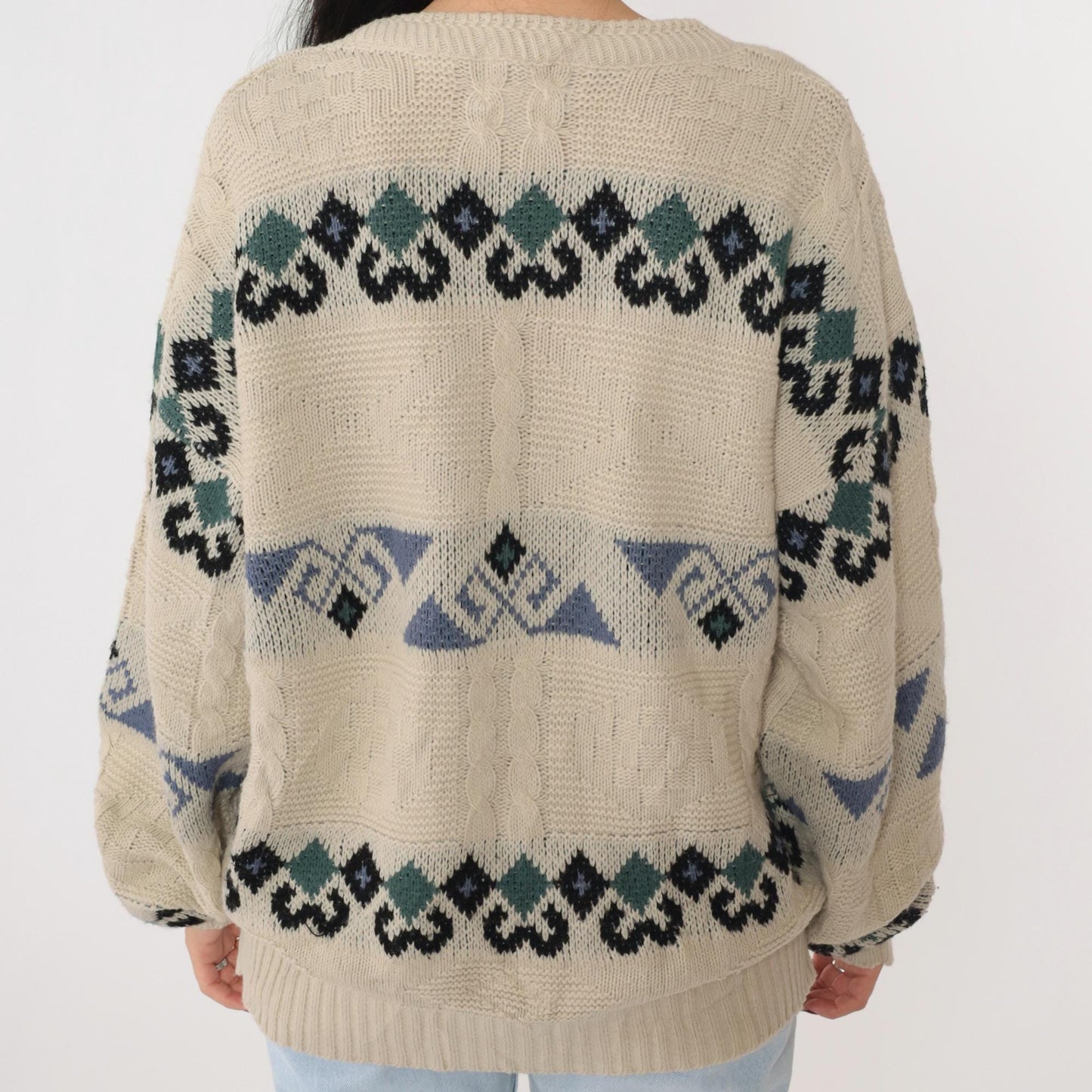 90s Beige Geometric Cable Knit Crewneck Sweater Jacquard Pullover Large L