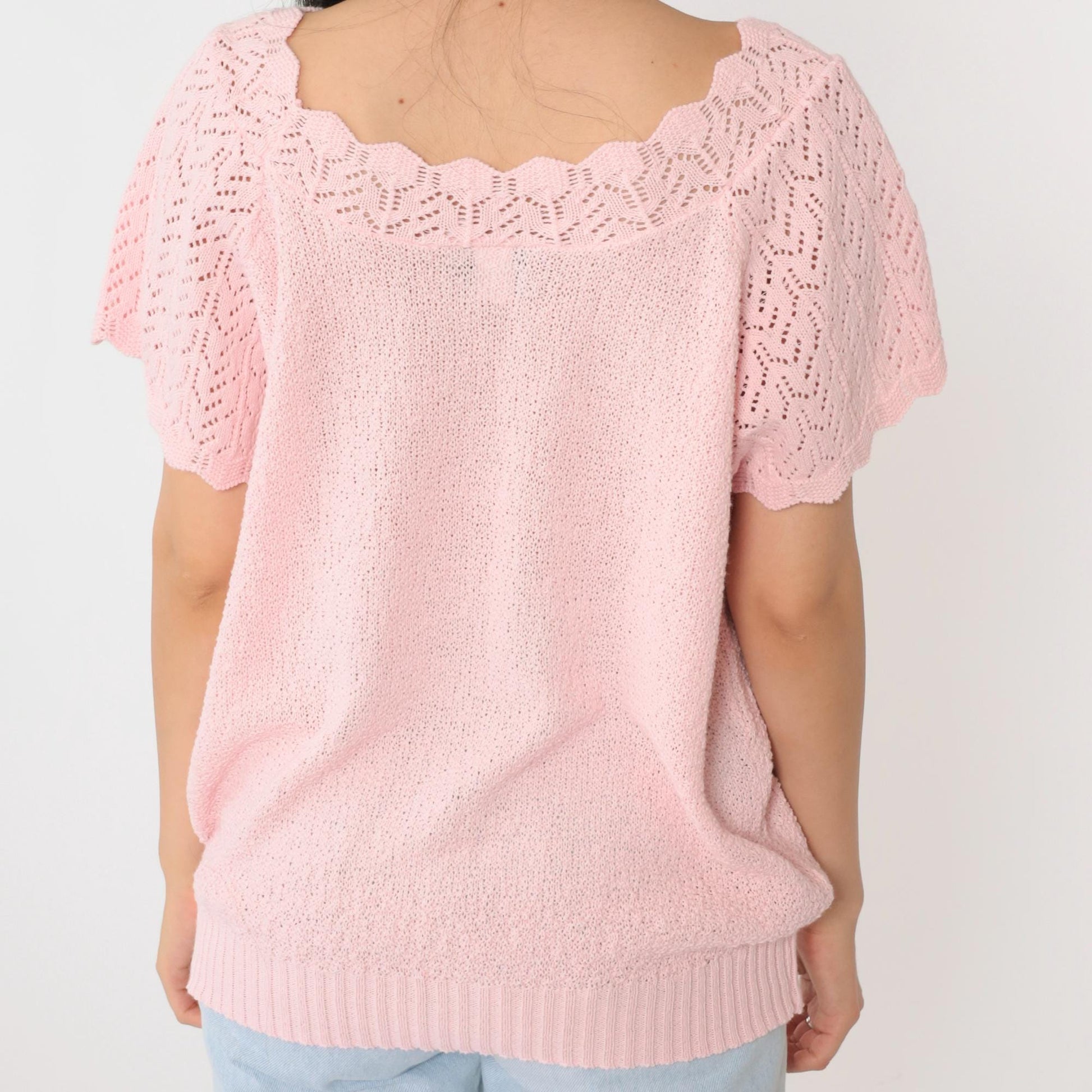 80s Adele Knitwear Baby Pink Pointelle Cutout Knit Top Medium Large