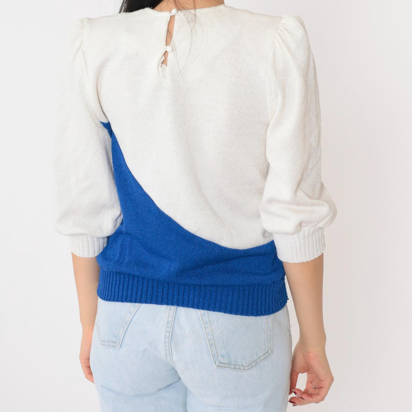 80s White Puff Sleeve Sweater Abstract Floral Embossed Knit Pullover Small