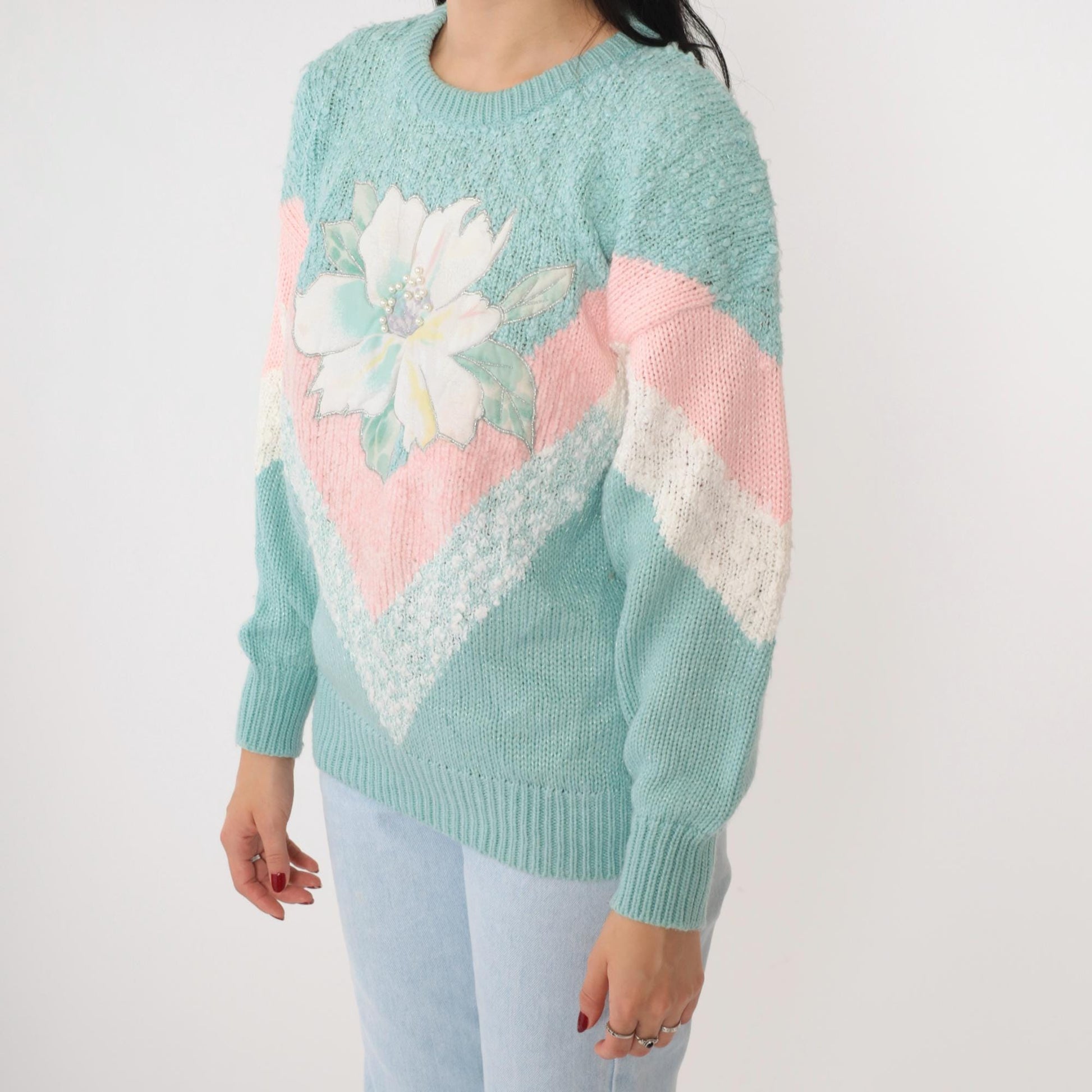 80s Jacelyn Smith Seafoam Knit Sweater Pearl Beaded Floral Chevron Medium