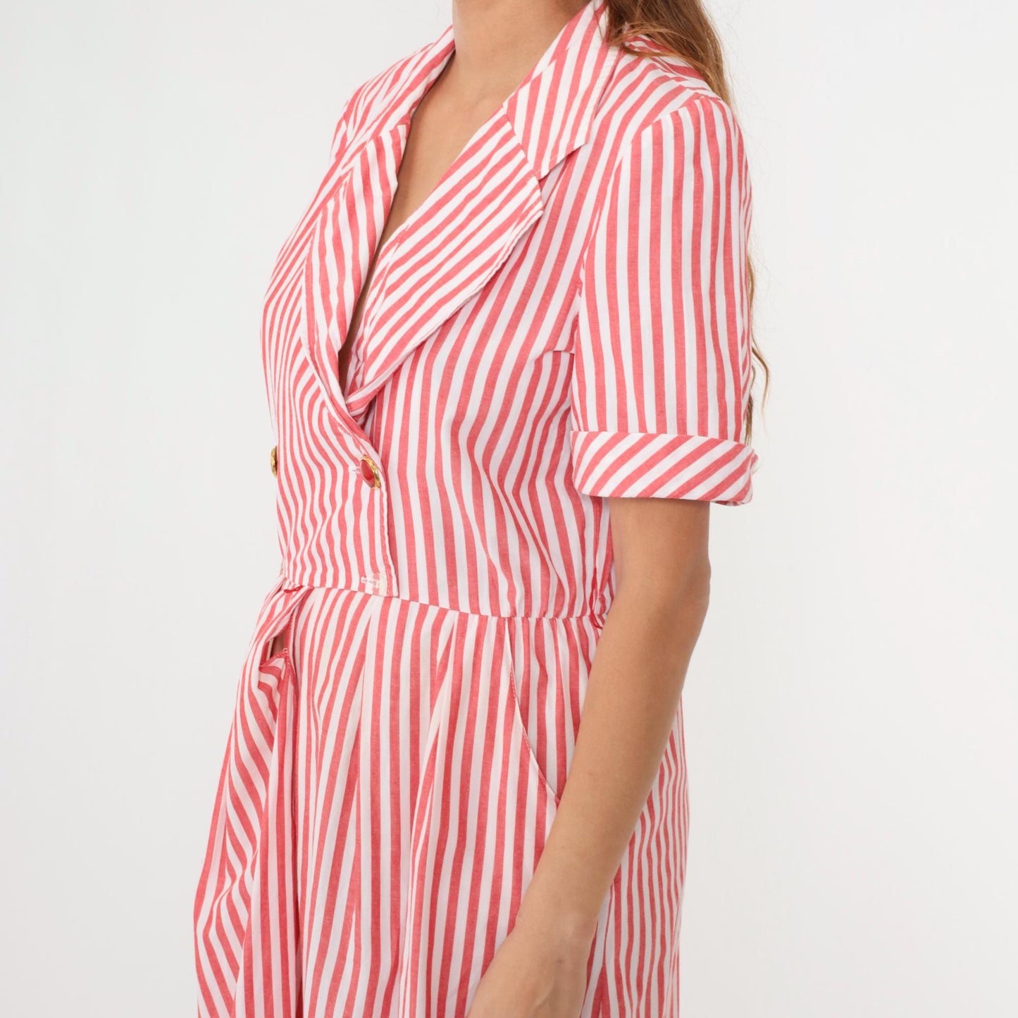 90s Red White Striped Cotton Midi Shirtdress Double Breasted High Waist Small Medium