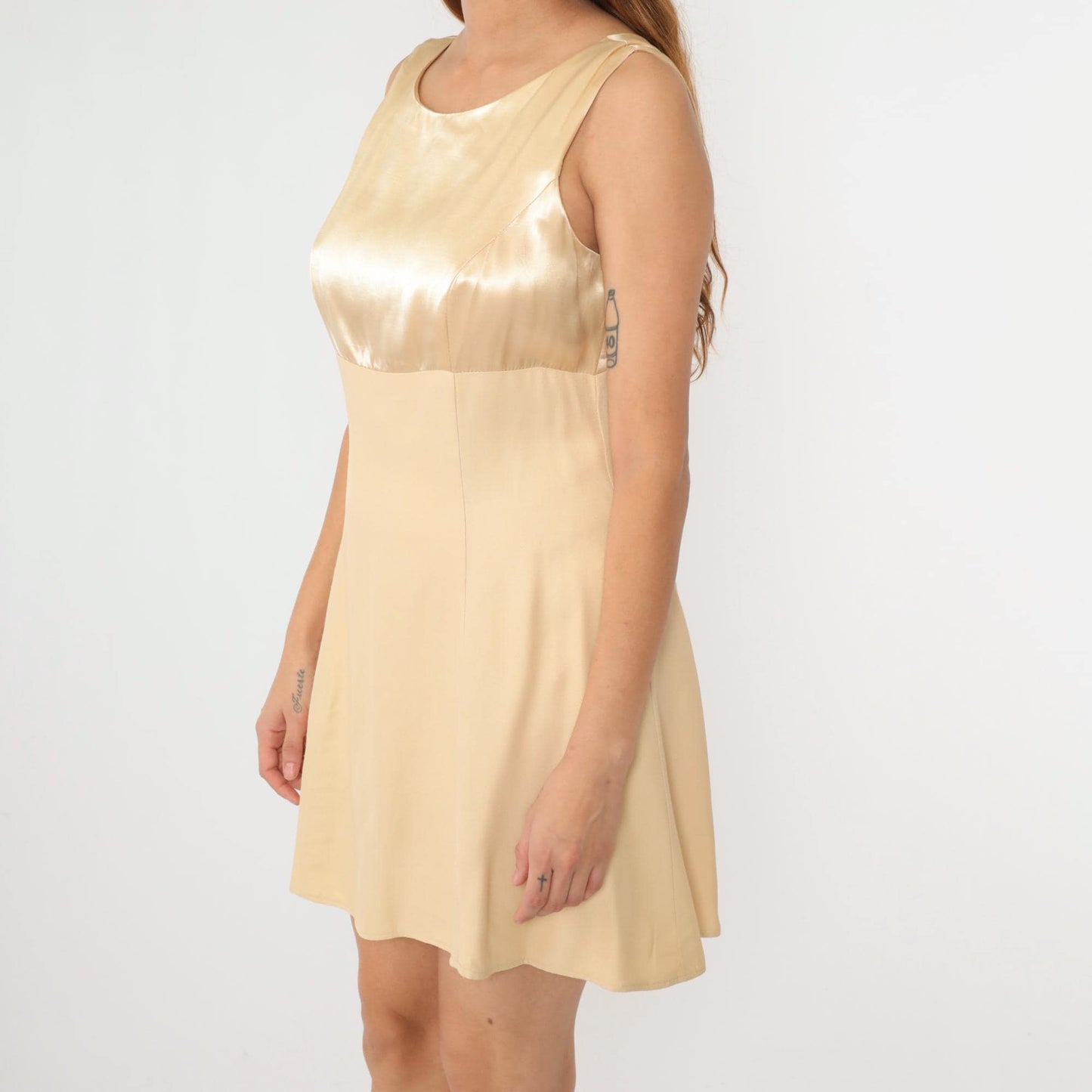 90s Champagne Satin Mini Dress Keyhole Back Bow Empire Waist Medium