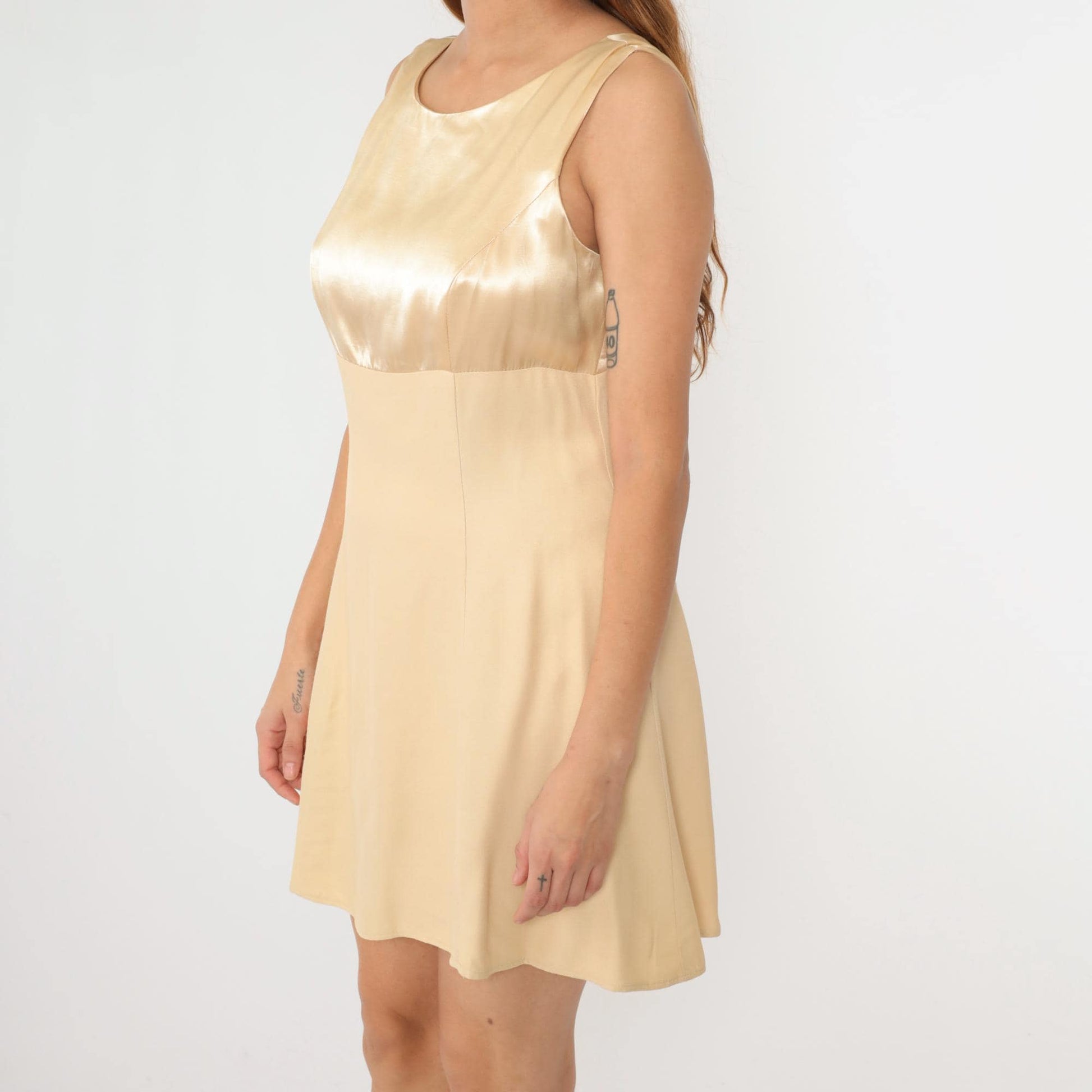90s Champagne Satin Mini Dress Keyhole Back Bow Empire Waist Medium