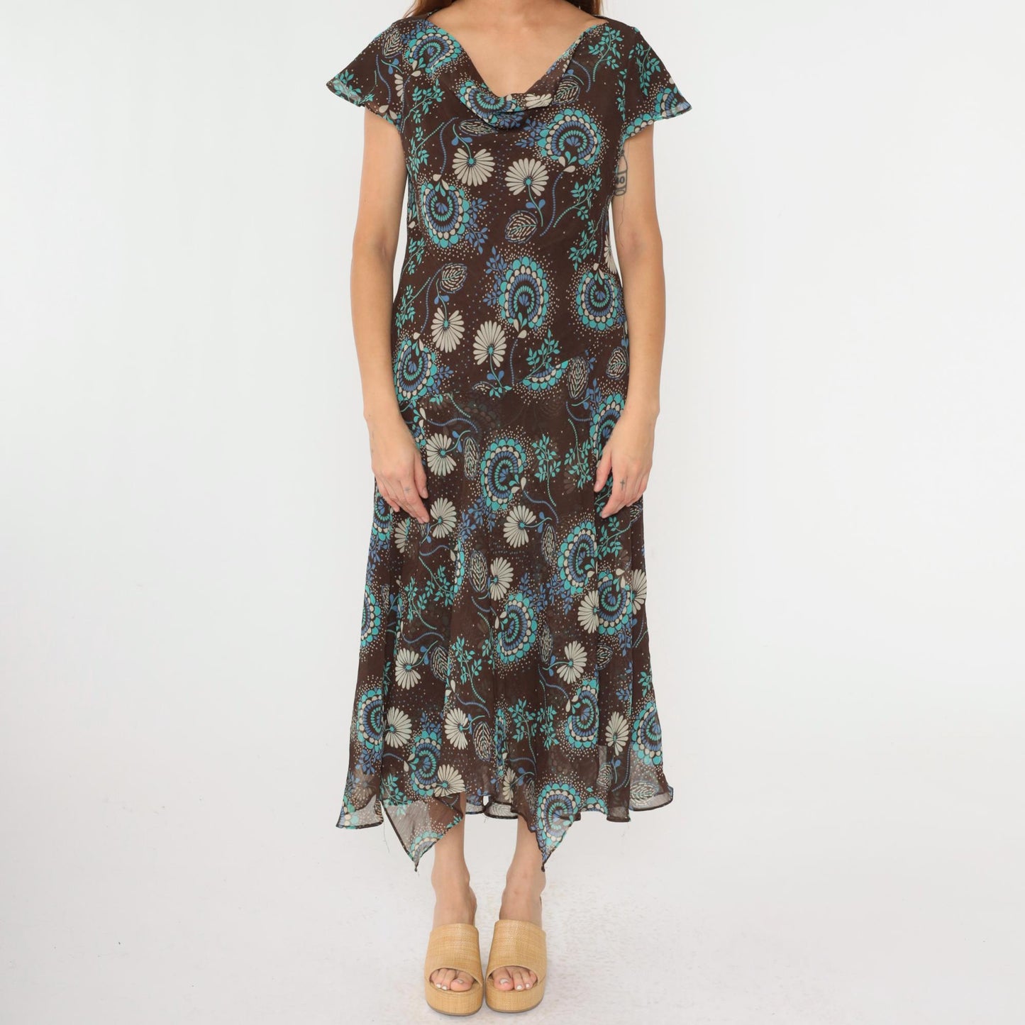 Y2K Brown Floral Midi Dress Asymmetrical Cowl Neck Flutter Sleeve Drop Waist Large 14