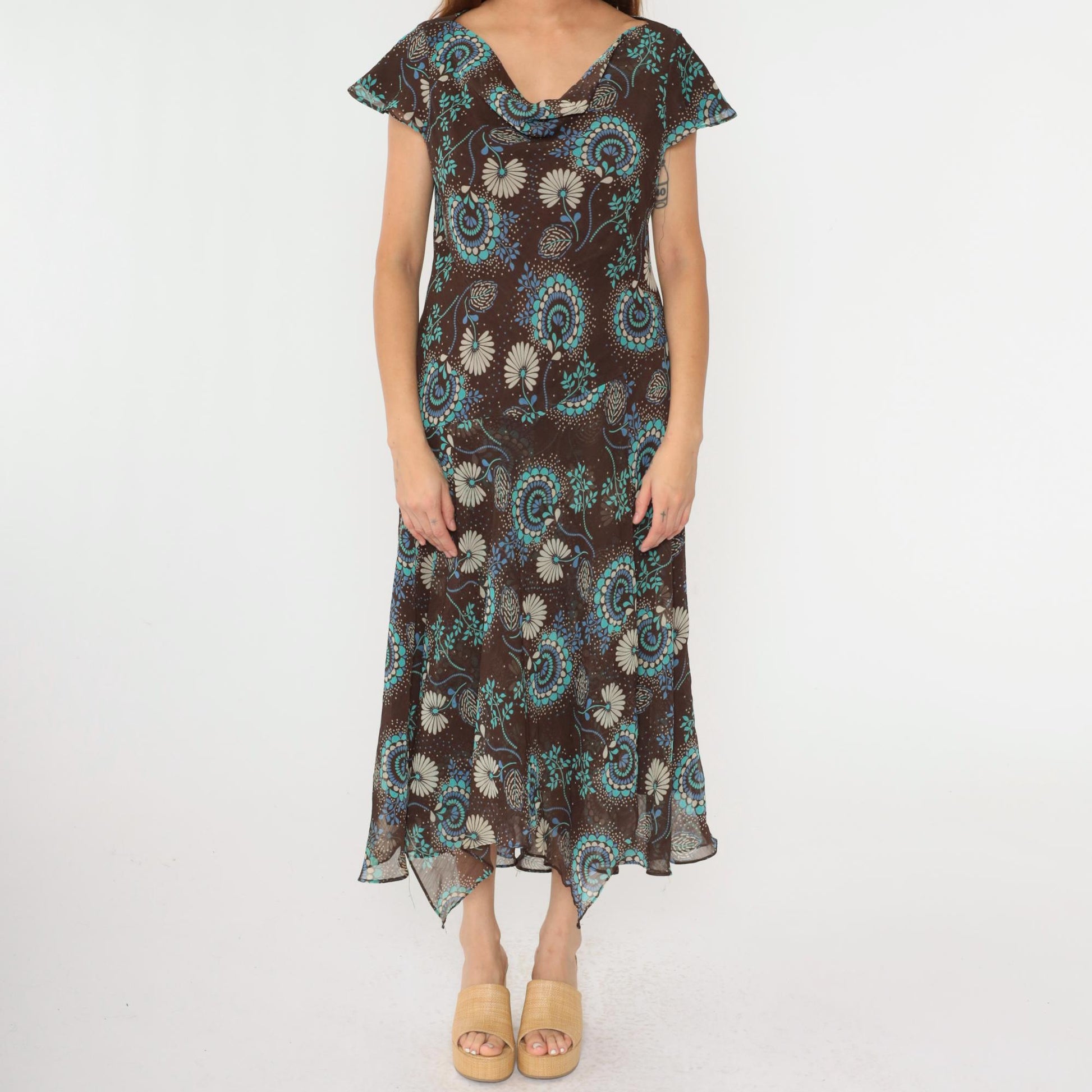 Y2K Brown Floral Midi Dress Asymmetrical Cowl Neck Flutter Sleeve Drop Waist Large 14