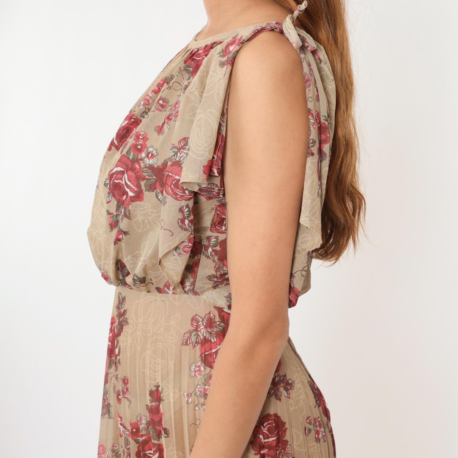 70s Floral Midi Dress Taupe Rose Print High Waist Blouson Flutter Sleeve Small