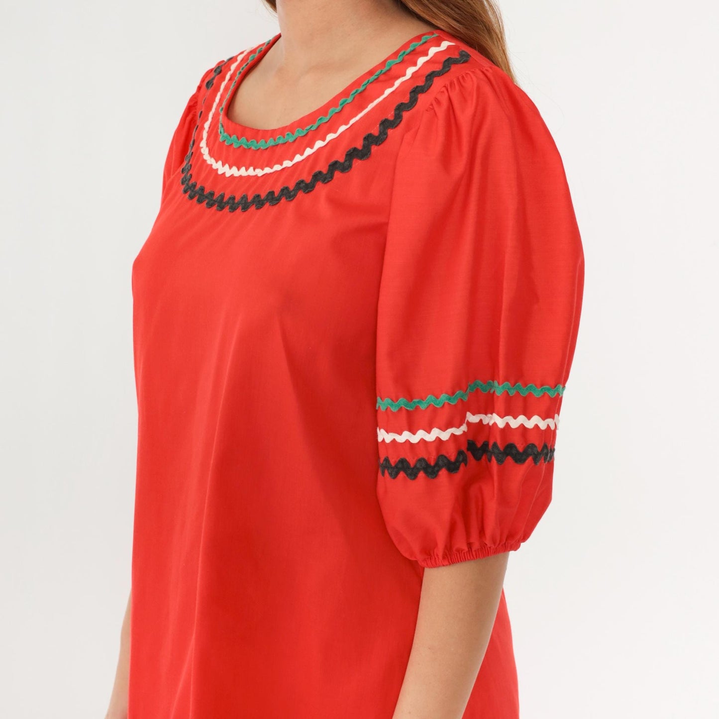 70s Red Mini Dress Puff Sleeve Ric Rac Trim Folk Country Shift Medium