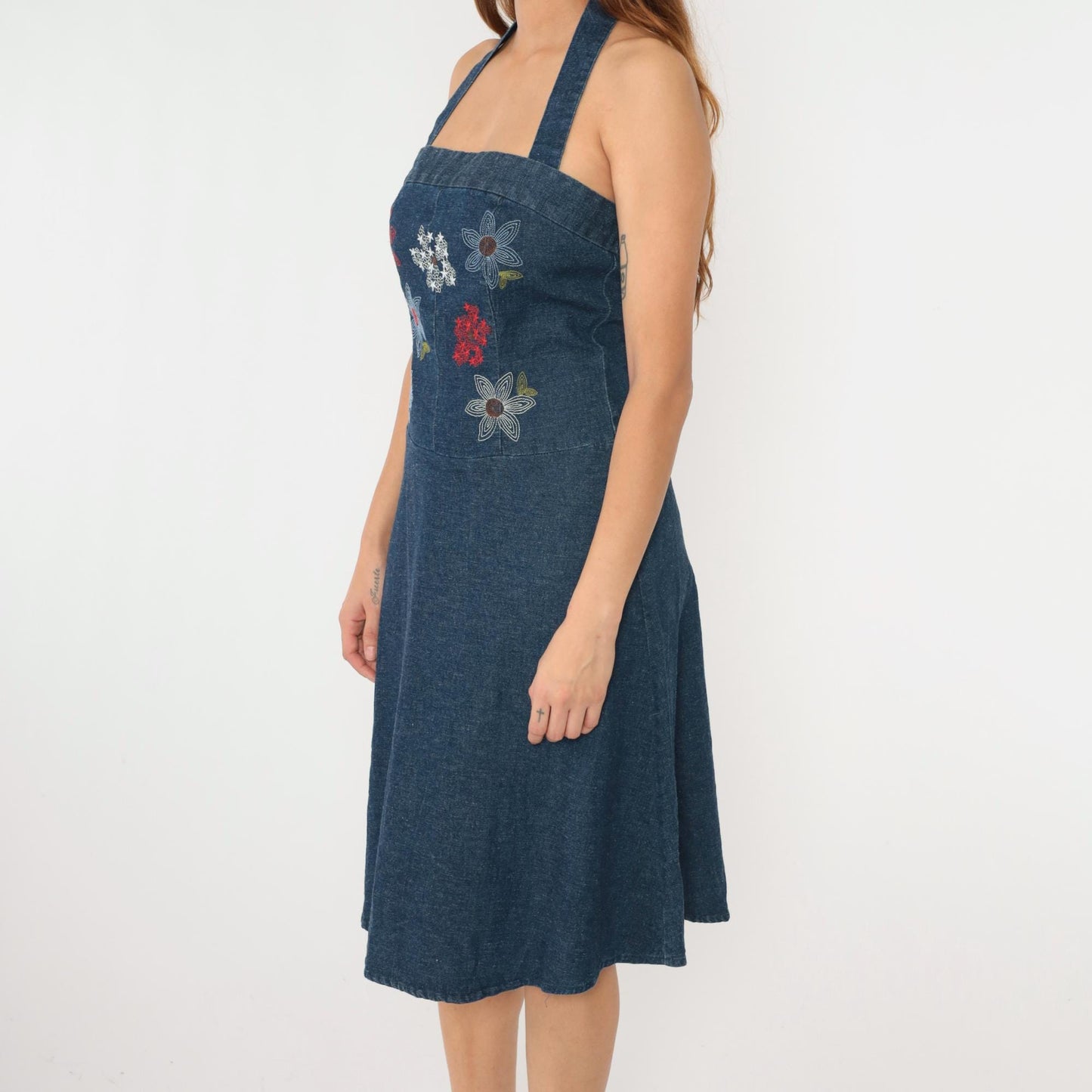 Y2K Denim Midi Dress Floral Embroidered Halter Neck Backless Small