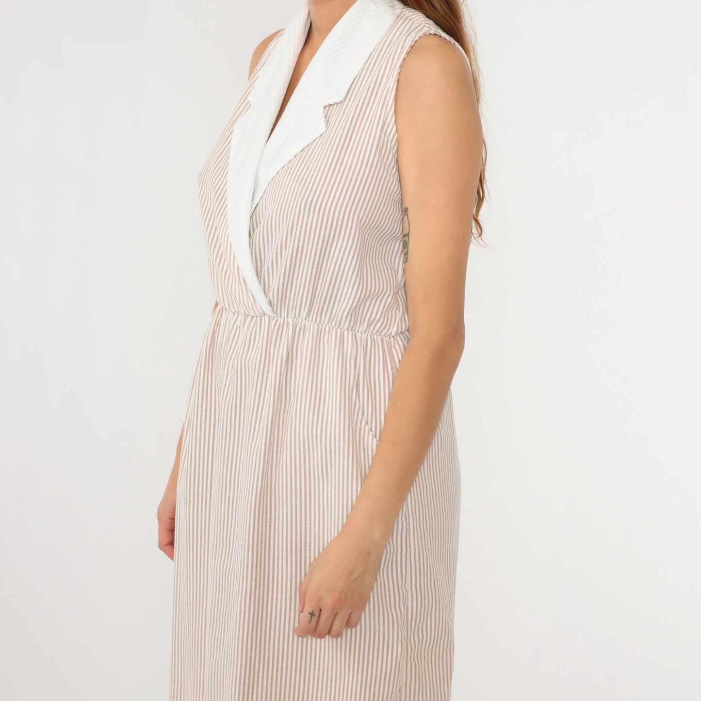 80s Kevin Stuart Seersucker Midi Dress Brown White Striped Collared Small