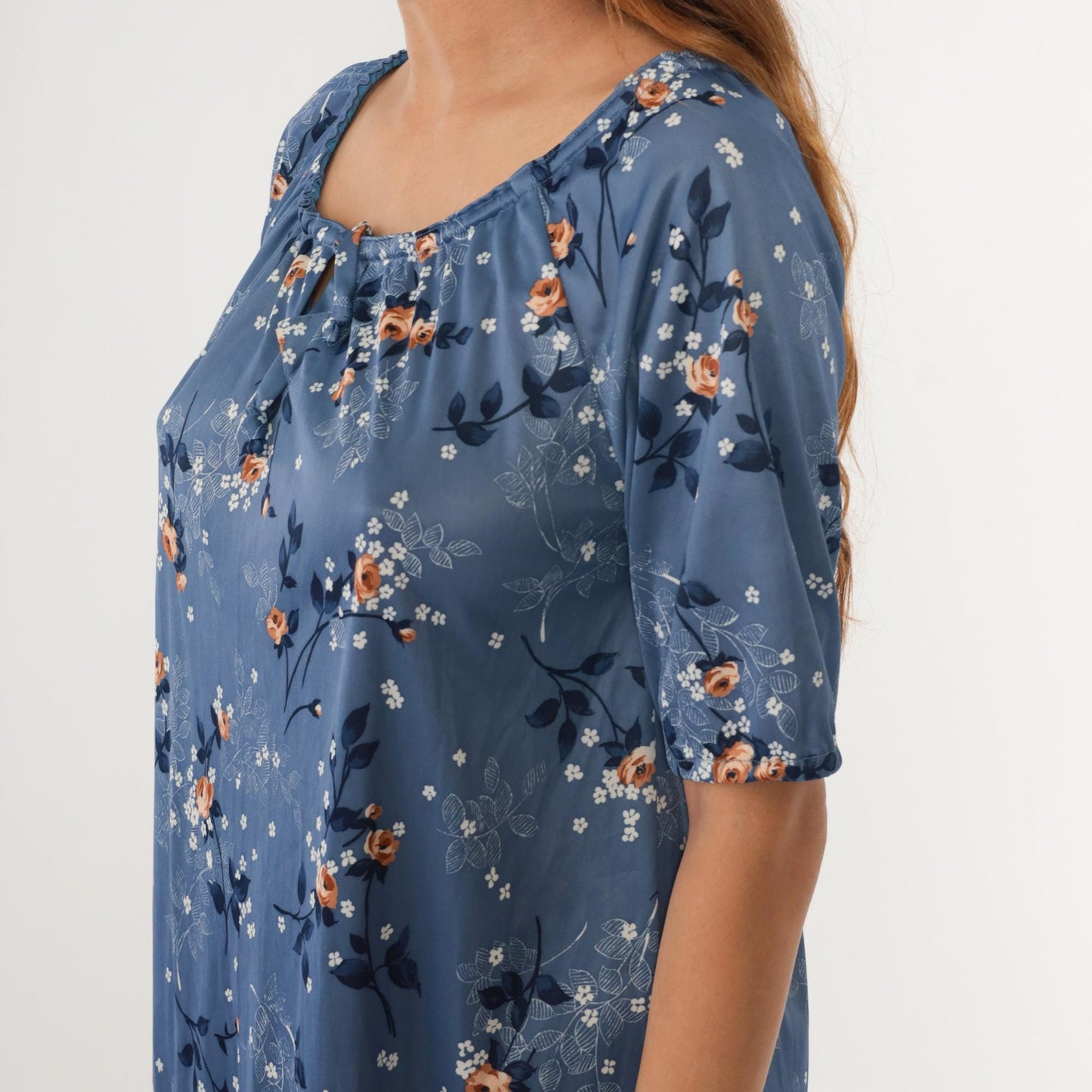 70s Blue Floral Mini Dress Keyhole Neck Shift Short Sleeve Medium Large