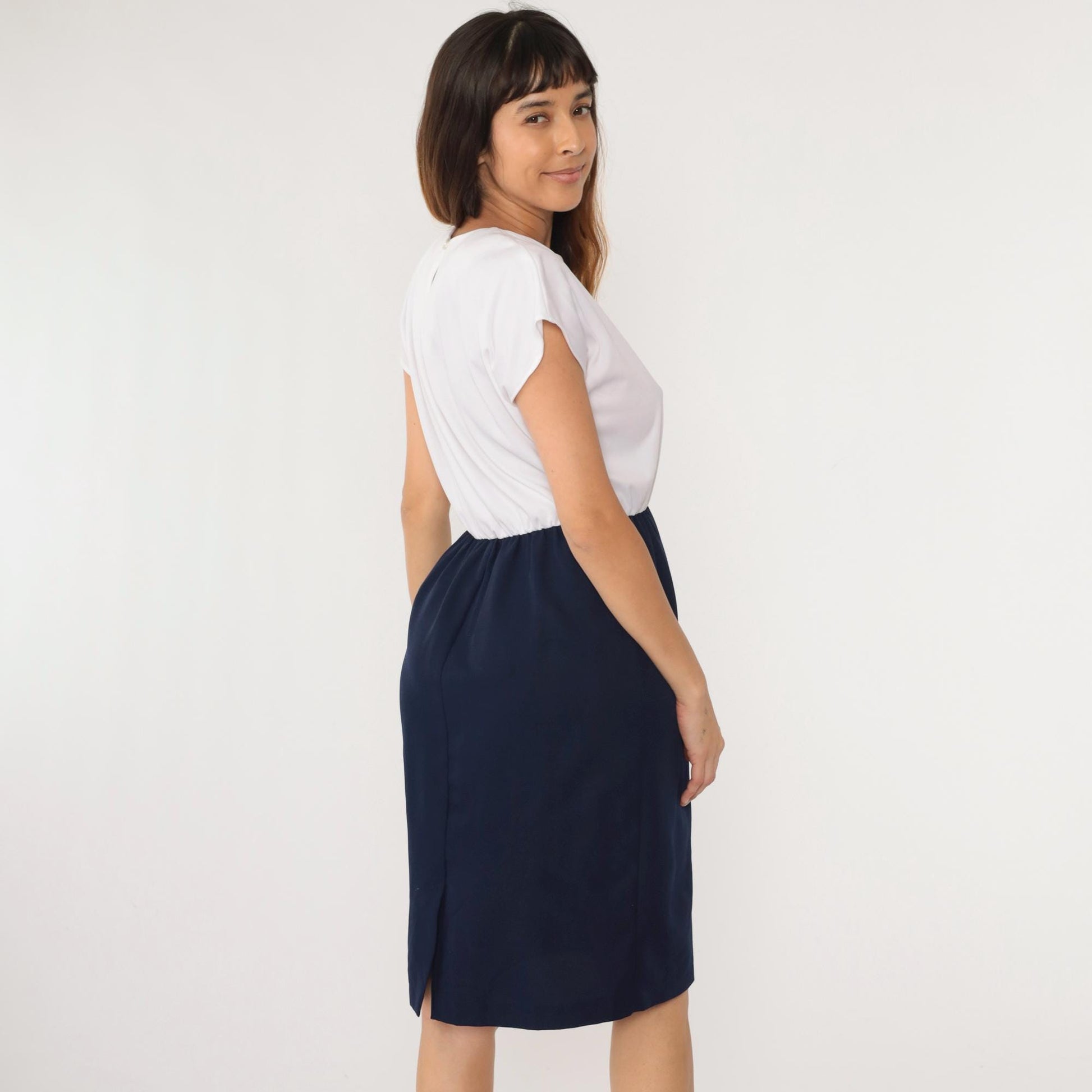 70s Color Block Midi Dress White Navy Cap Sleeve High Waist Medium Petite
