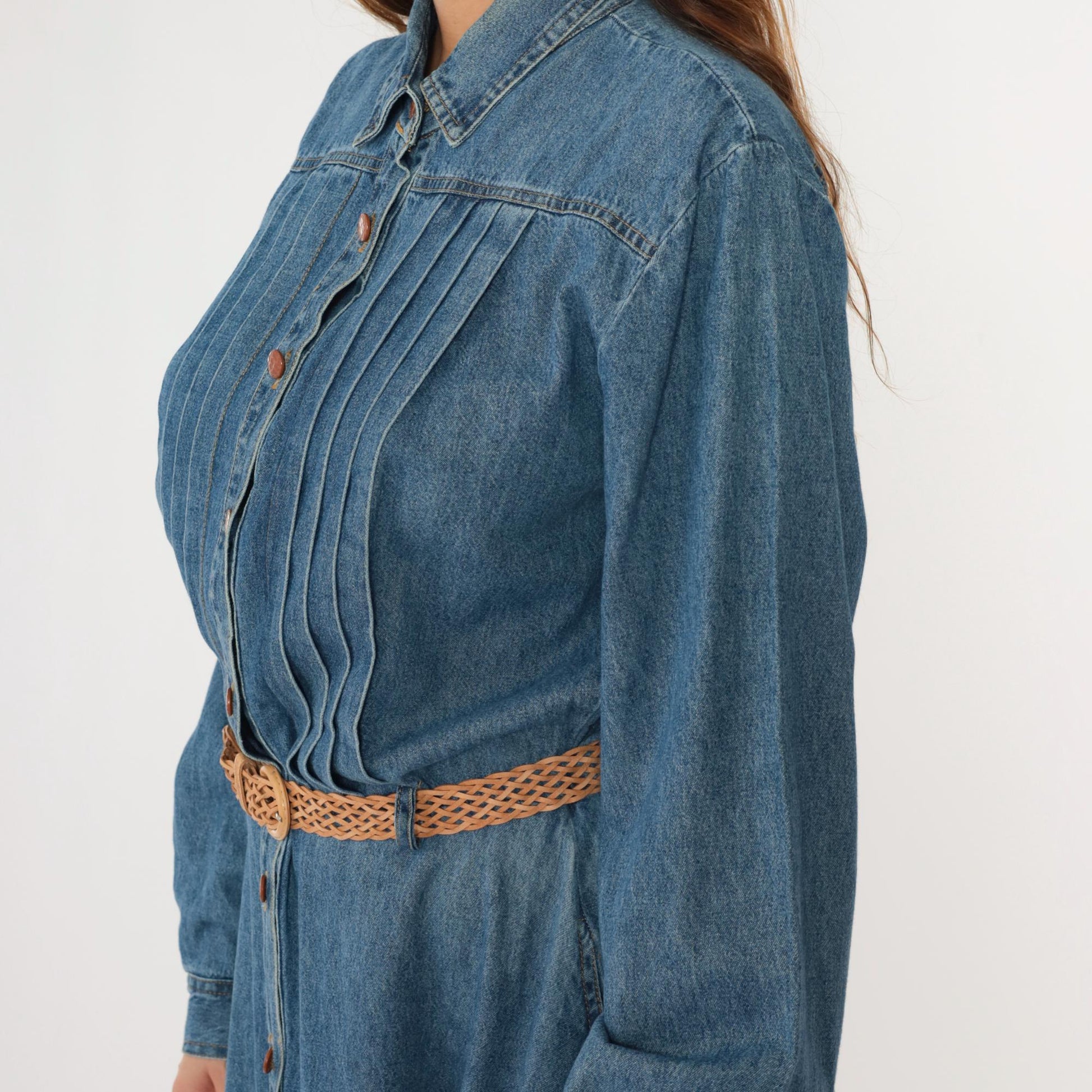 90s Nina Piccalino Denim Midi Shirtdress Blue High Waist Pleated Large 14