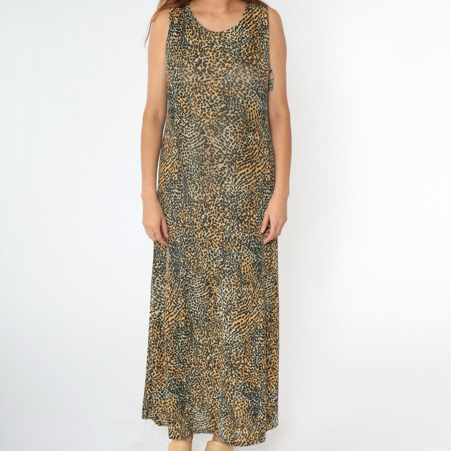 90s Kathie Lee Leopard Print Maxi Dress Sleeveless Column Medium