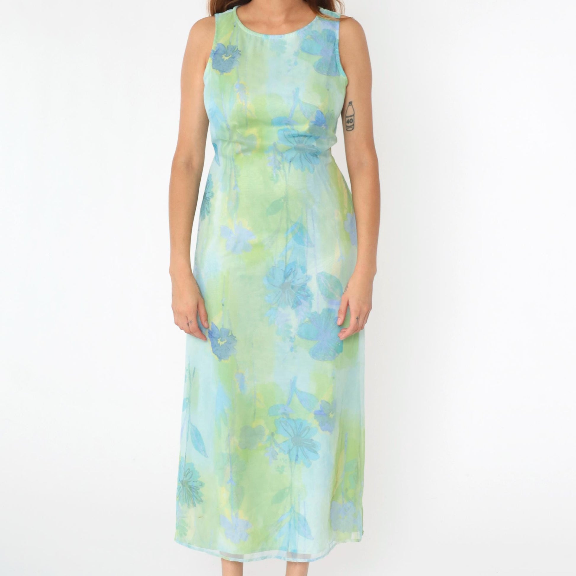 90s City Triangles Watercolor Floral Chiffon Midi Dress Blue Green Medium