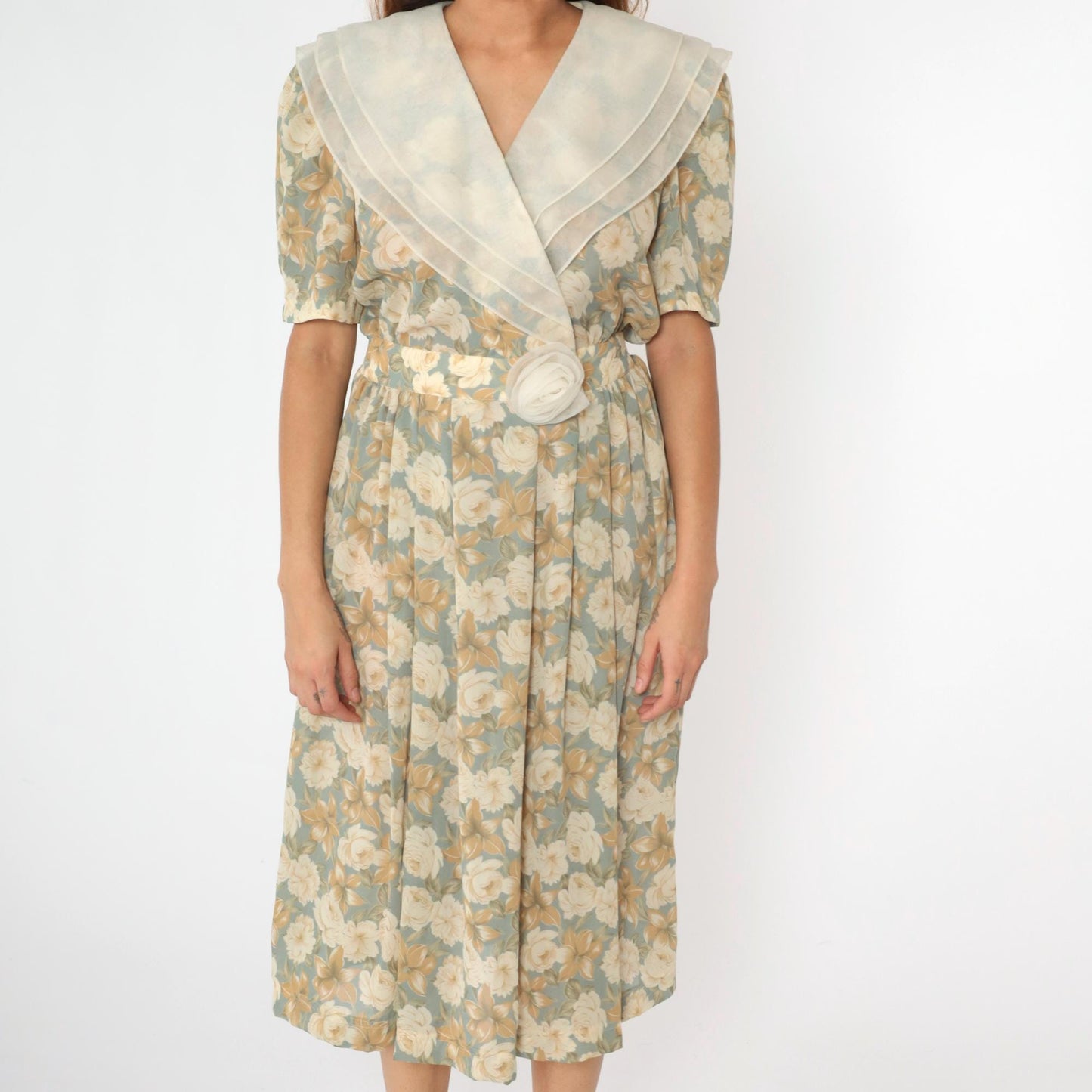 90s Leslie Fay Floral Midi Wrap Dress Puff Sleeve Shawl Collar Medium