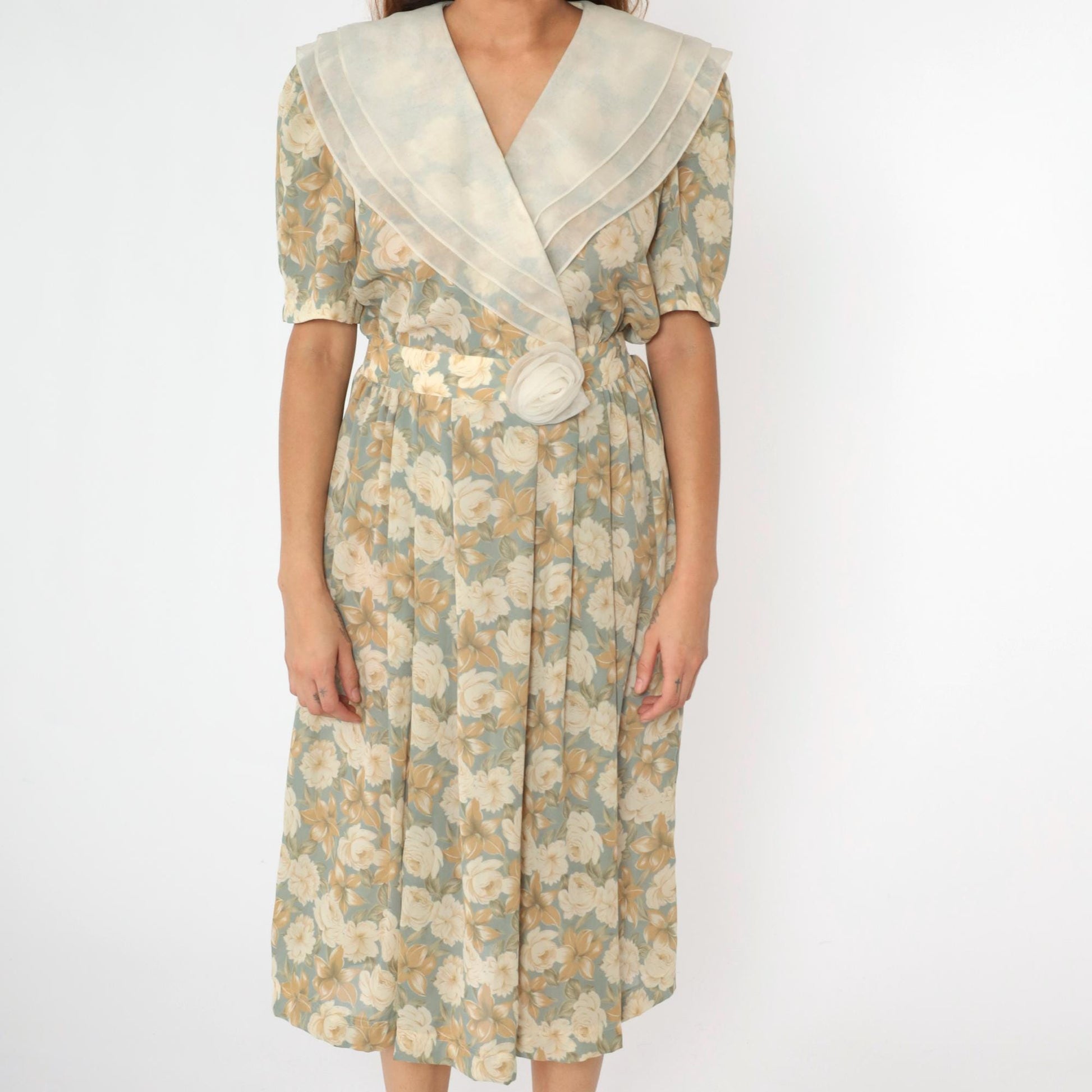 90s Leslie Fay Floral Midi Wrap Dress Puff Sleeve Shawl Collar Medium