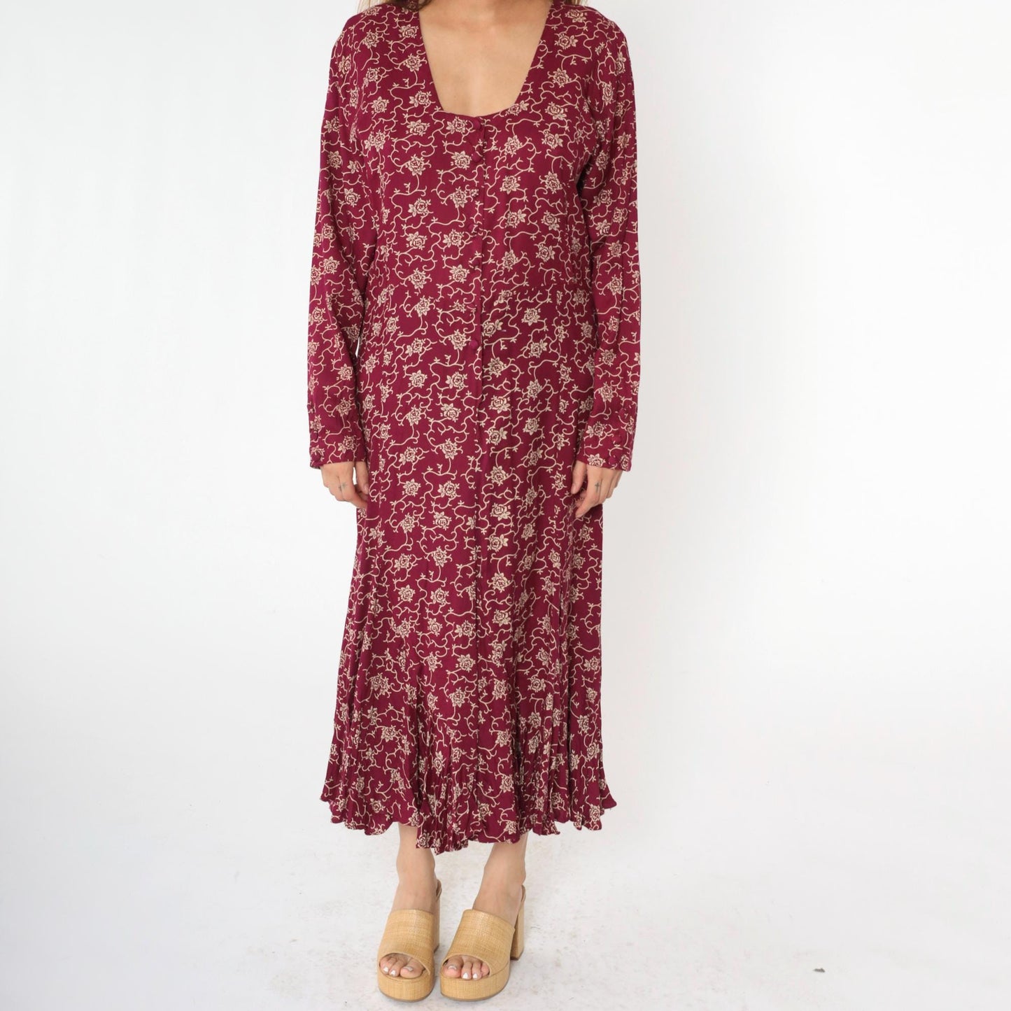90s Burgundy Floral Maxi Dress Button-Up Long Sleeve Square Neck Extra Large XXL