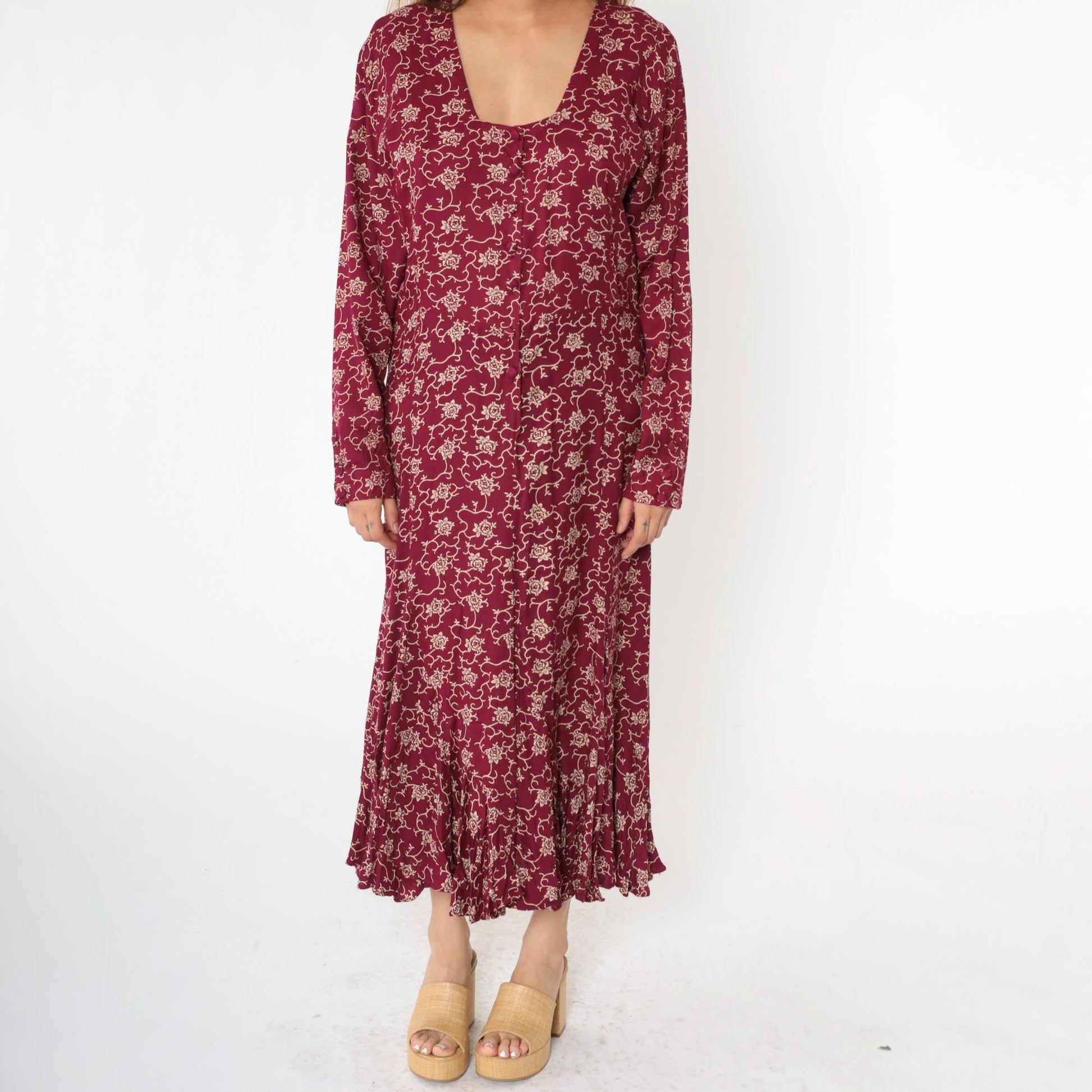 90s Burgundy Floral Maxi Dress Button-Up Long Sleeve Square Neck Extra Large XXL