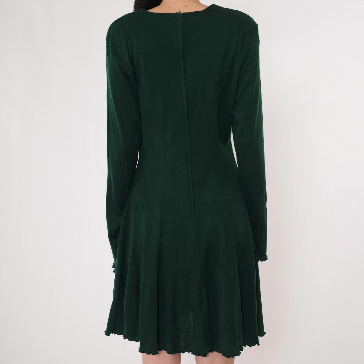 90s Dark Green Keyhole Mini Dress Long Sleeve Button Front A-Line Medium