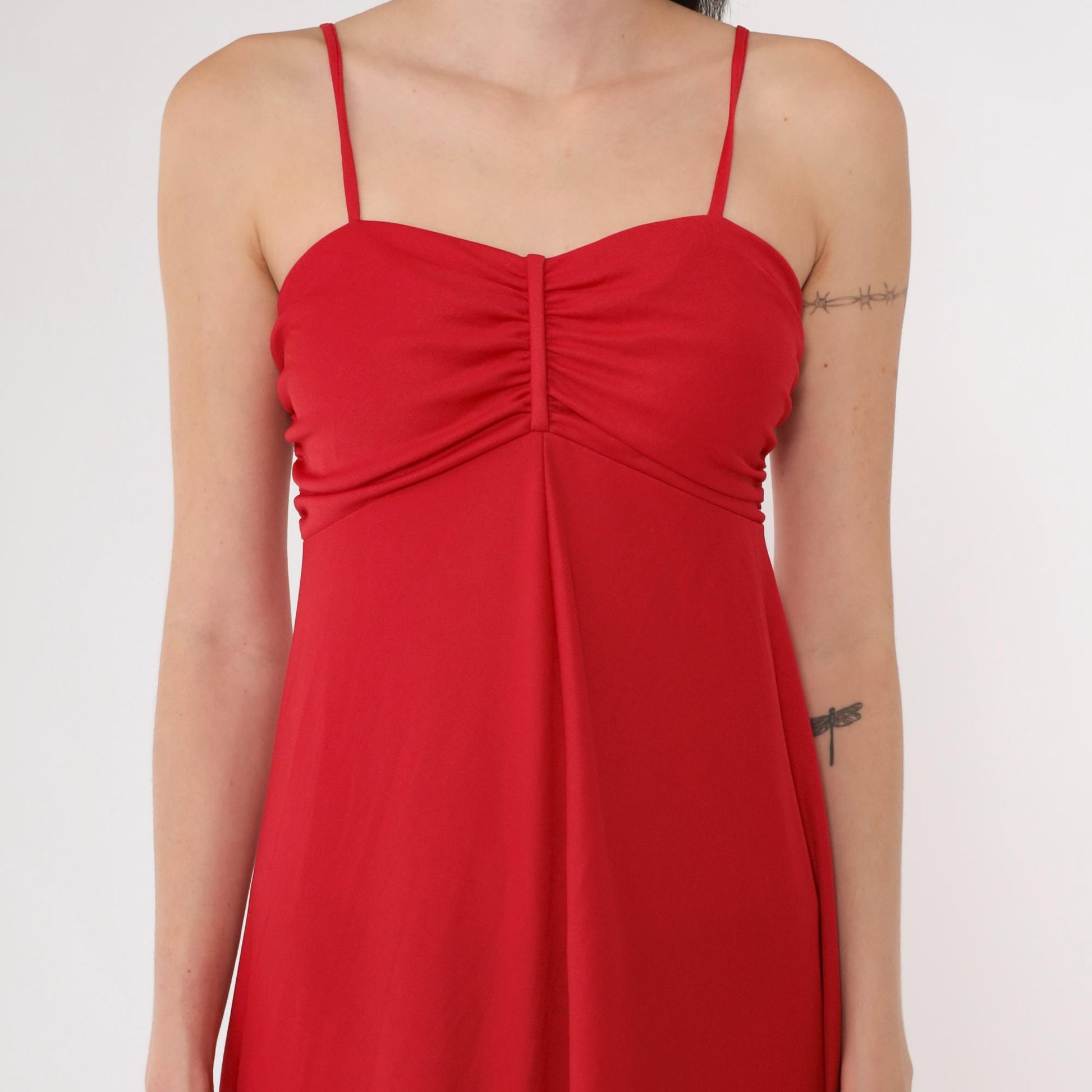 70s Red Maxi Dress Empire Waist Spaghetti Strap Gathered Bodice Extra Small