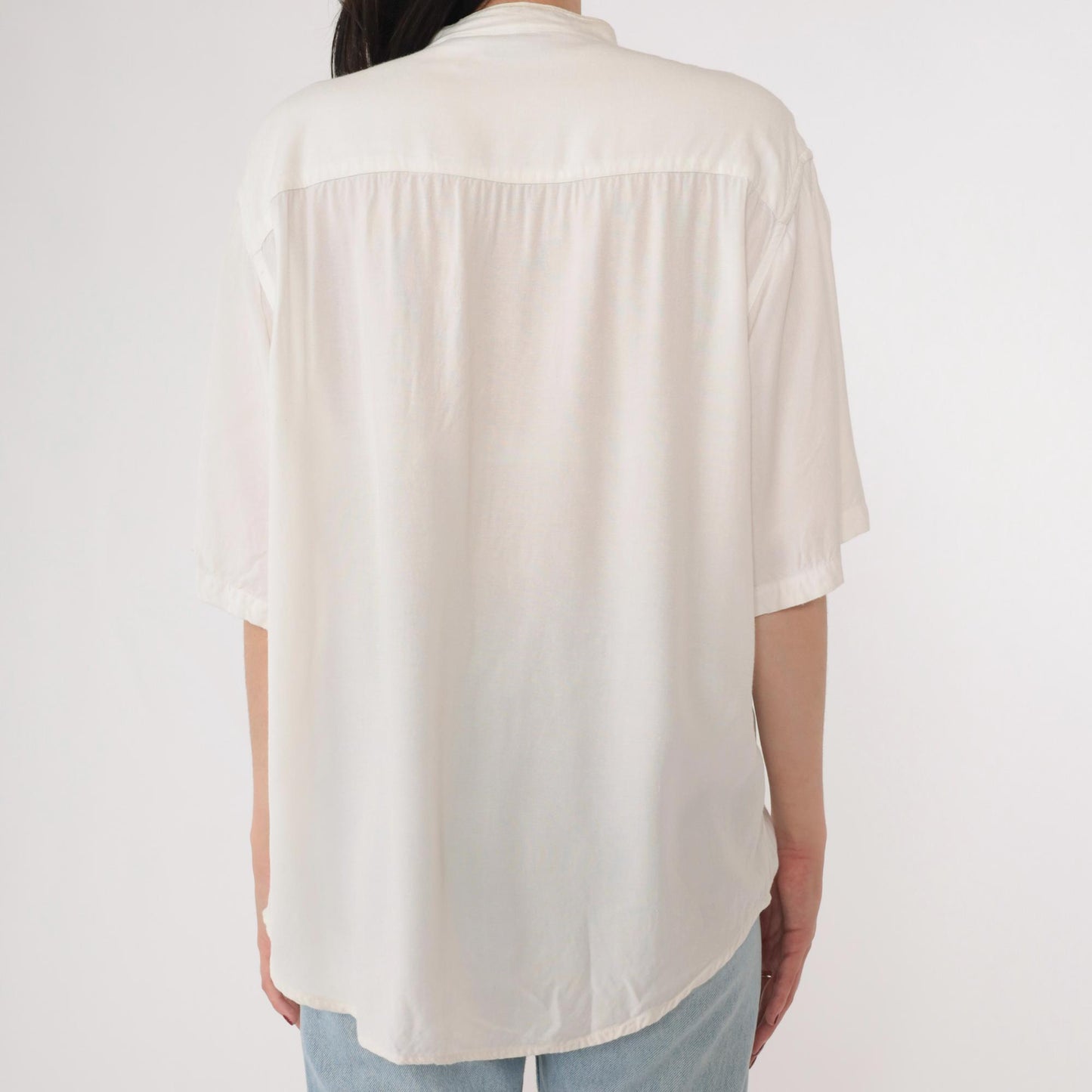90s Garbo Floral Embroidered White Rayon Blouse Mandarin Collar Medium