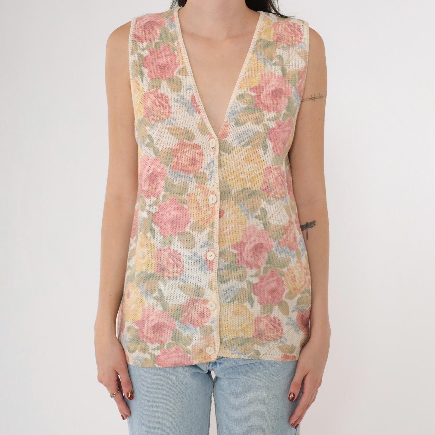 90s Floral Knit Vest Pink Yellow Rose Print Button-Up Sleeveless Medium